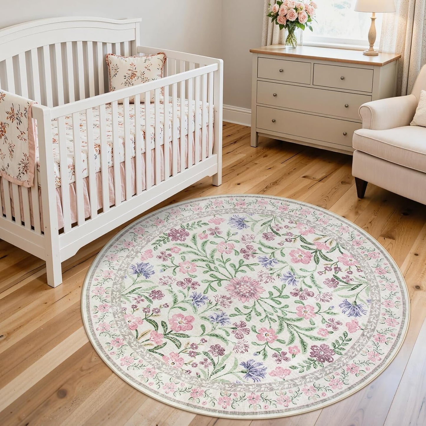 Lahome Sylvie Light Purple 4 ft Round Accent Rug, Small Circular Soft Mat for Nursery & Reading Nook, Machine Washable Low Pile Carpet for Cozy Self-Care Retreat Decor