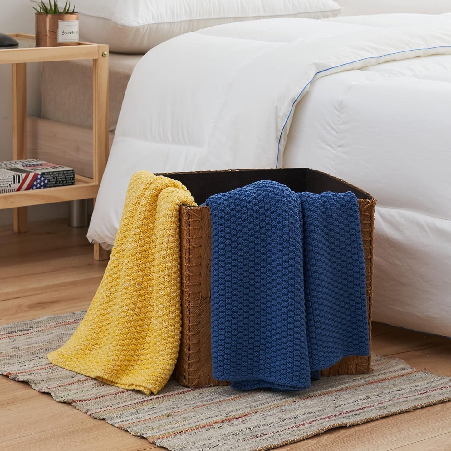 Longhui bedding Blue Knitted Throw Blanket for Couch - Soft, Cozy Machine Washable 100% Cotton Sofa Knit Blankets, Heavy 3.0lb Weight, 51 x 63 Inches, Laundry Bag Included