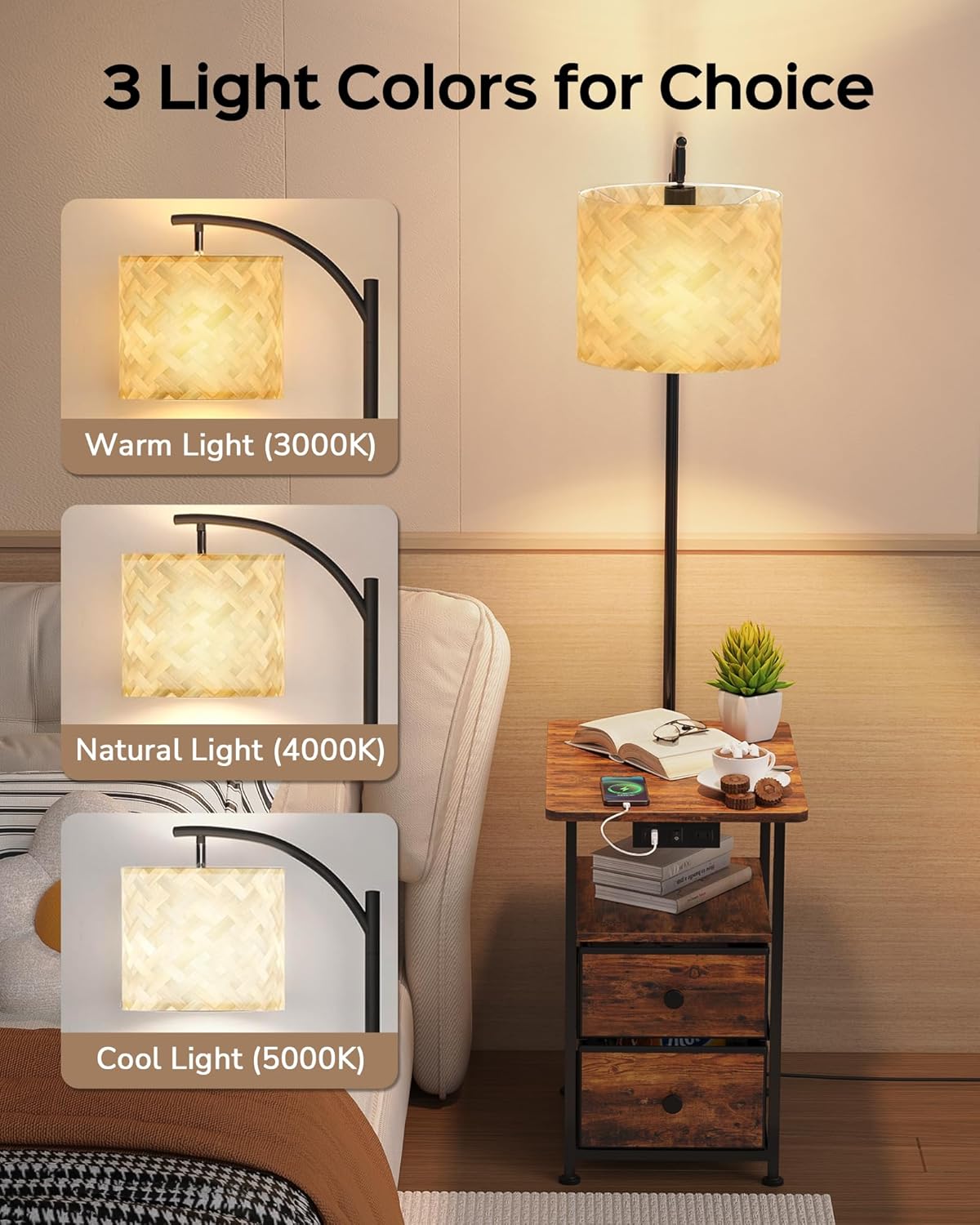 JACKYLED Floor Lamp with Table & 2 Drawers, 3 Color Temperature End Table Flood Lamps with Charging Station (USB, Type-C, AC), Vintage Side Table with Lamp for Reading, Bedroom, Living Room