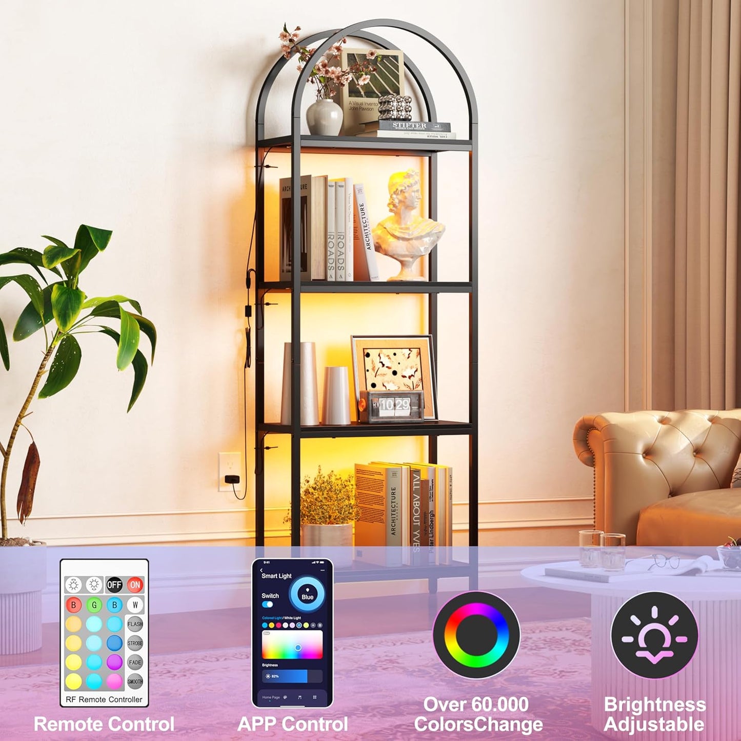 Yusong LED Bookshelf 4 Tier Arched Bookcase, 71.3" Tall Industrial Open Book Shelves for Living Room, Modern Freestanding Display Storage Rack with Metal Frame, Office, Bedroom, Black