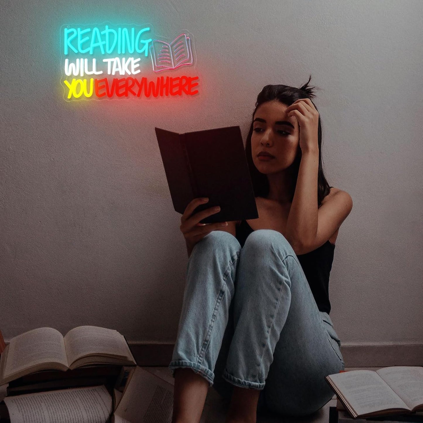 Read Neon Sign Reading Will Take You Everywhere Neon Signs, Read Books Neon Light for Wall Decor, Dimmable Student LED Neon Light Up Sign for Classroom Bedroom Bookstore Library Study Room Decoration Kids Presents
