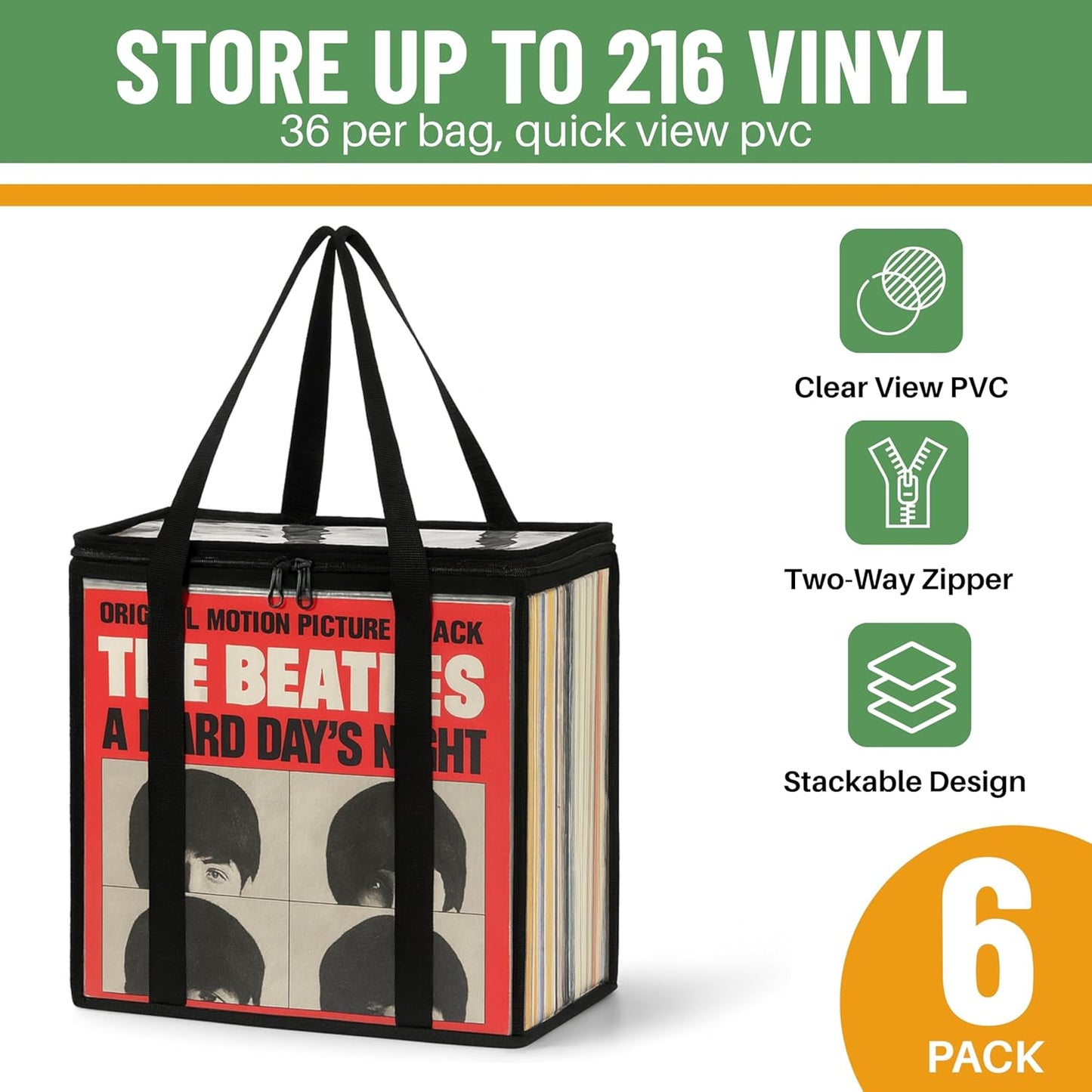 Evelots Vinyl Storage Bag (6-Pack) Clear PVC Plastic Media Carrying Case with Zipper - Holds 216 LP Albums Total - Strong Handles - Protects Vinyl from Dirt & Moisture