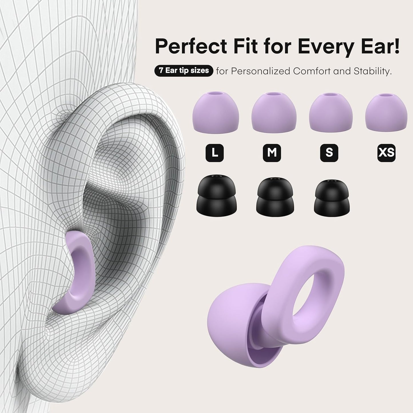 Fita+ Soft Reusable Ear Plugs for Noise Reduction up to 33dB, 7 Pairs XS/S/M/L, Soft Silicone Ear Plugs for Sleeping, Noise Cancelling for Work, Focus - Purple