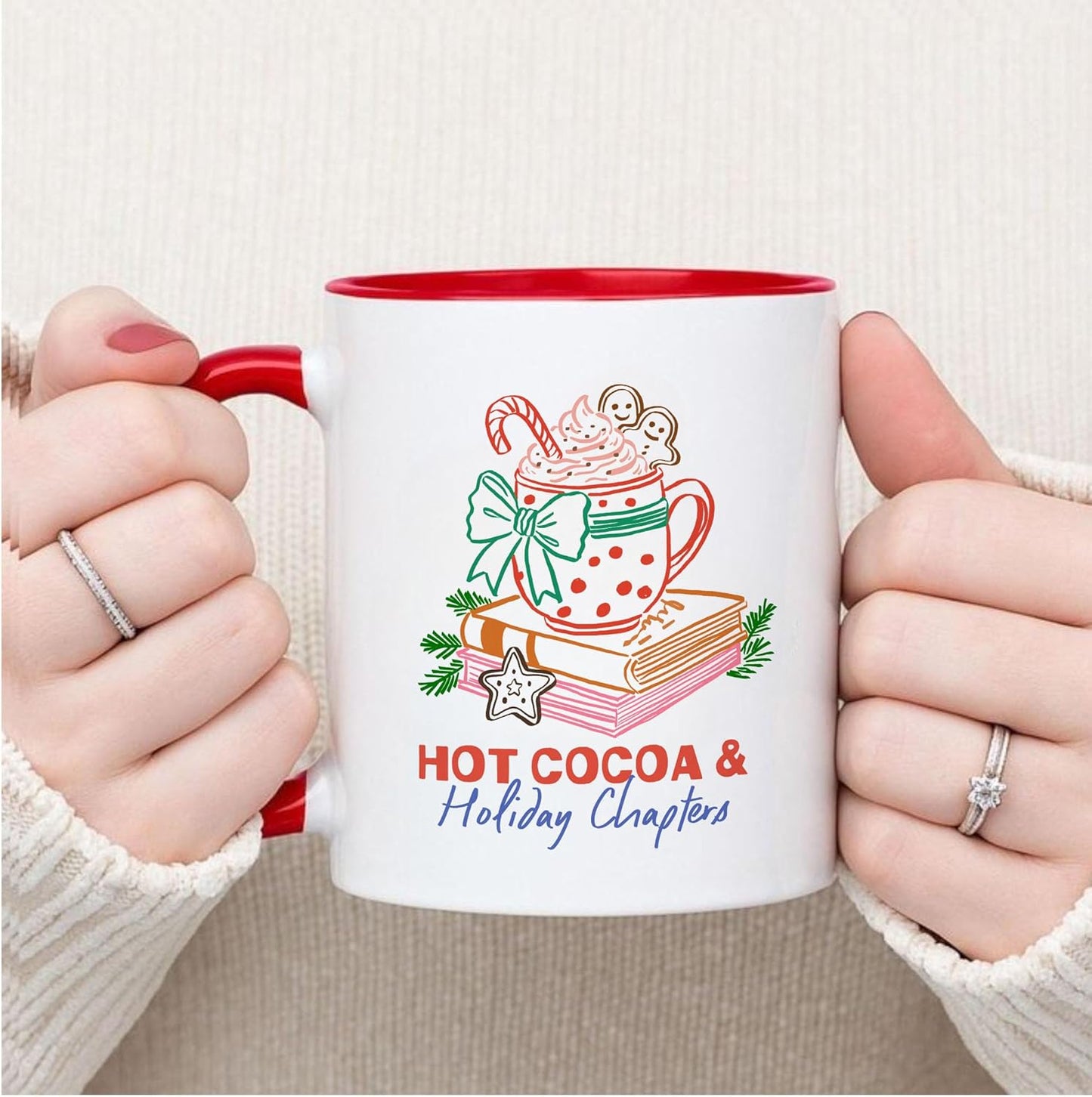 Christmas Hot Cocoa & Holiday Chapters Two-Tone Accent Mugs, 11oz 15oz Drinking Cups, Kitchen Décor, Gifts For Book Lovers