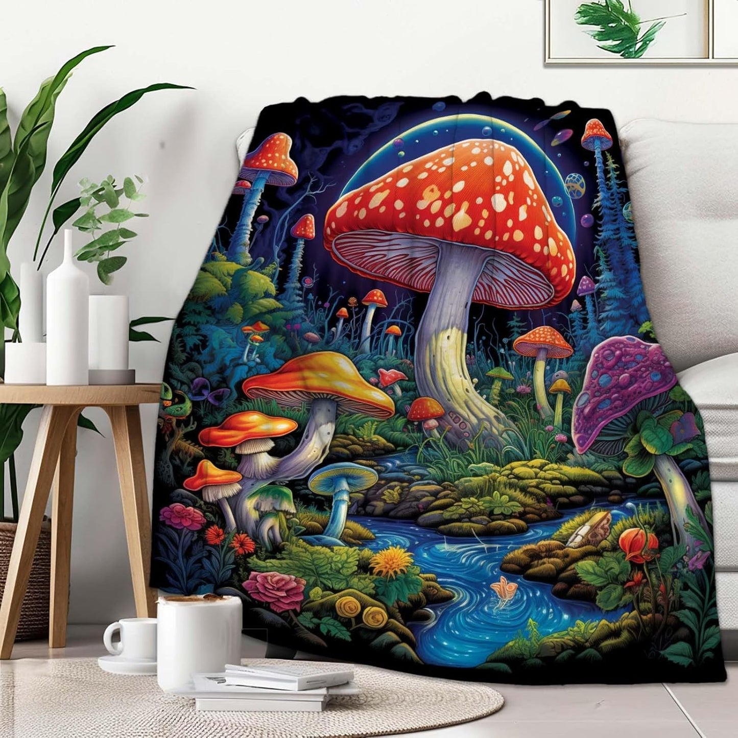 Mushroom Throw Blanket, Mushroom Gifts for Women Men, Soft Hippie Cottage Core Room Decor, Lighweight Flecce, 60x80 inches, 310 GSM, No Pilling, Single Sided Printed