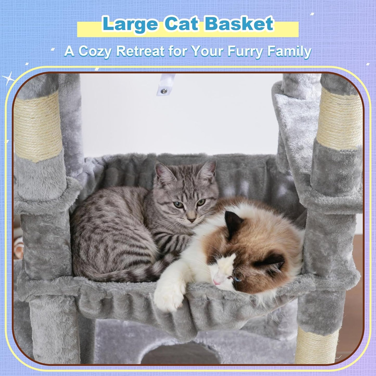 Hey-brother Cat Tree Tower, Scratching Posts with Extra Large Platform and Basket, Specious Condo, 2 Cozy Hammocks, Scratch Board for Indoor Adult Cats, Maine Coon 71.7 inches, Light Gray MPJ080W