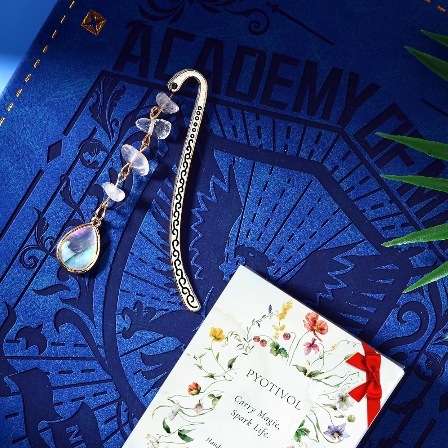 Vintage Metal Bookmark Pendant with Opal Drop Shell&Clear Quartz Crystal Stones Bead Chain-Elegant Opal Bookmarks for Women,Men,Book Lovers,Teachers and Girls(Silver)