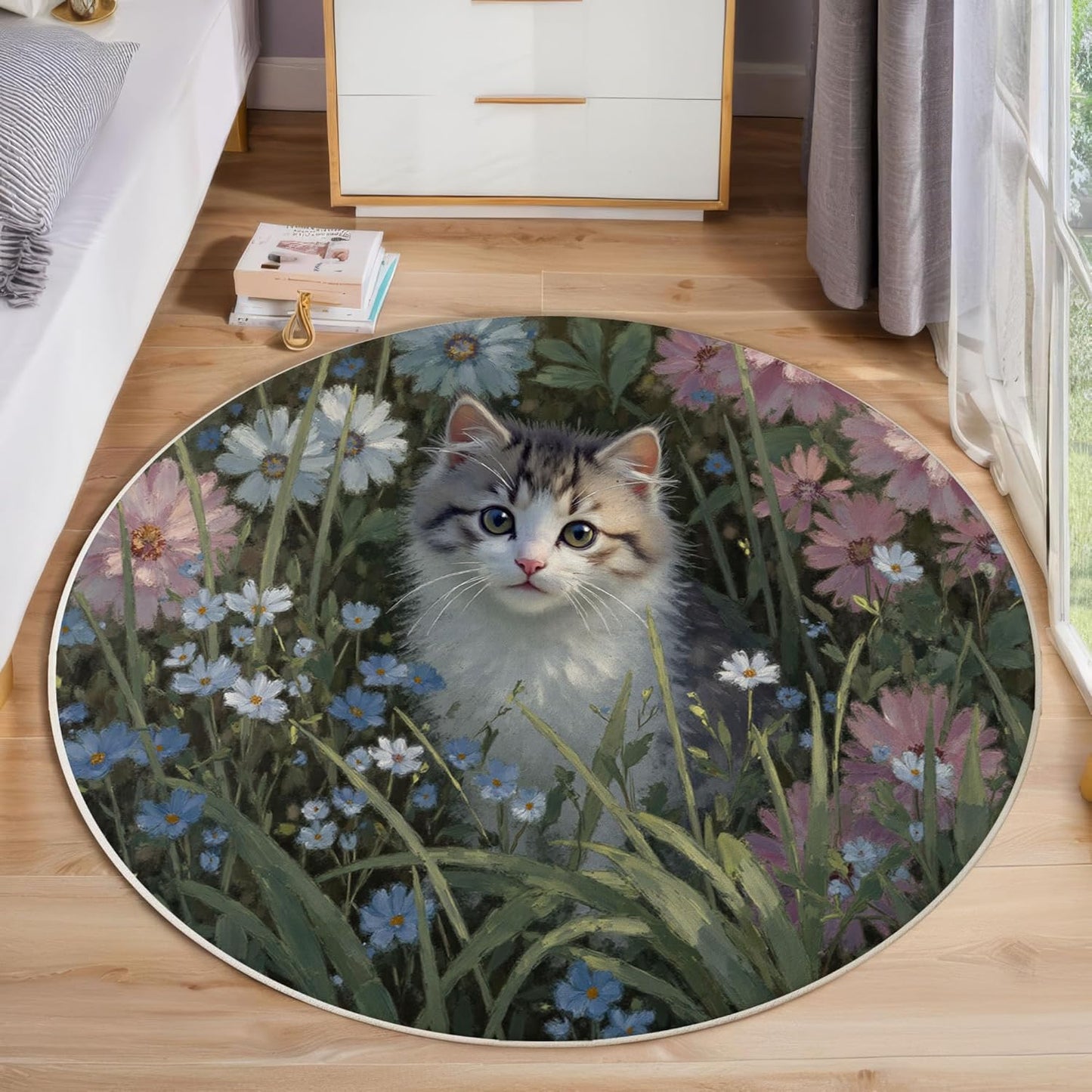 Washable Cats Flowerbeds Oil Paintings Area Rug, 3Ft Round Rugs for Living Room Soft Carpet for Bedroom Rustic Landscape Indoor Stain Resistant Non-Shedding Floor Carpet, Dark Green, 3Ft-Round