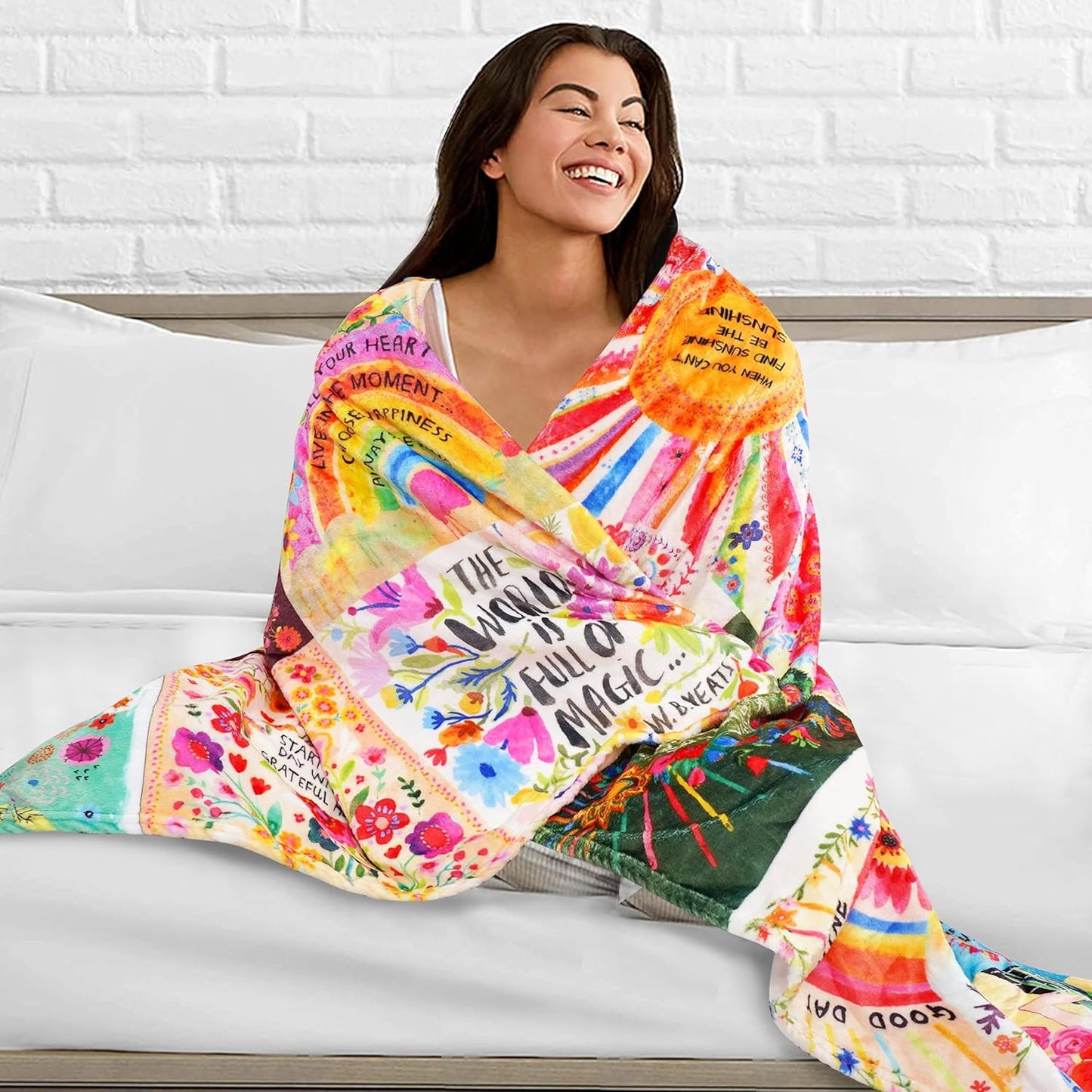 Boho Floral Throw Blanket Natural Life Patchwork Blankets, Natural Life Gifts for Women with Inspirational Thoughts, Soft Warm and Cozy Flannel for Sofa Bed Couch Travel 50"x60"