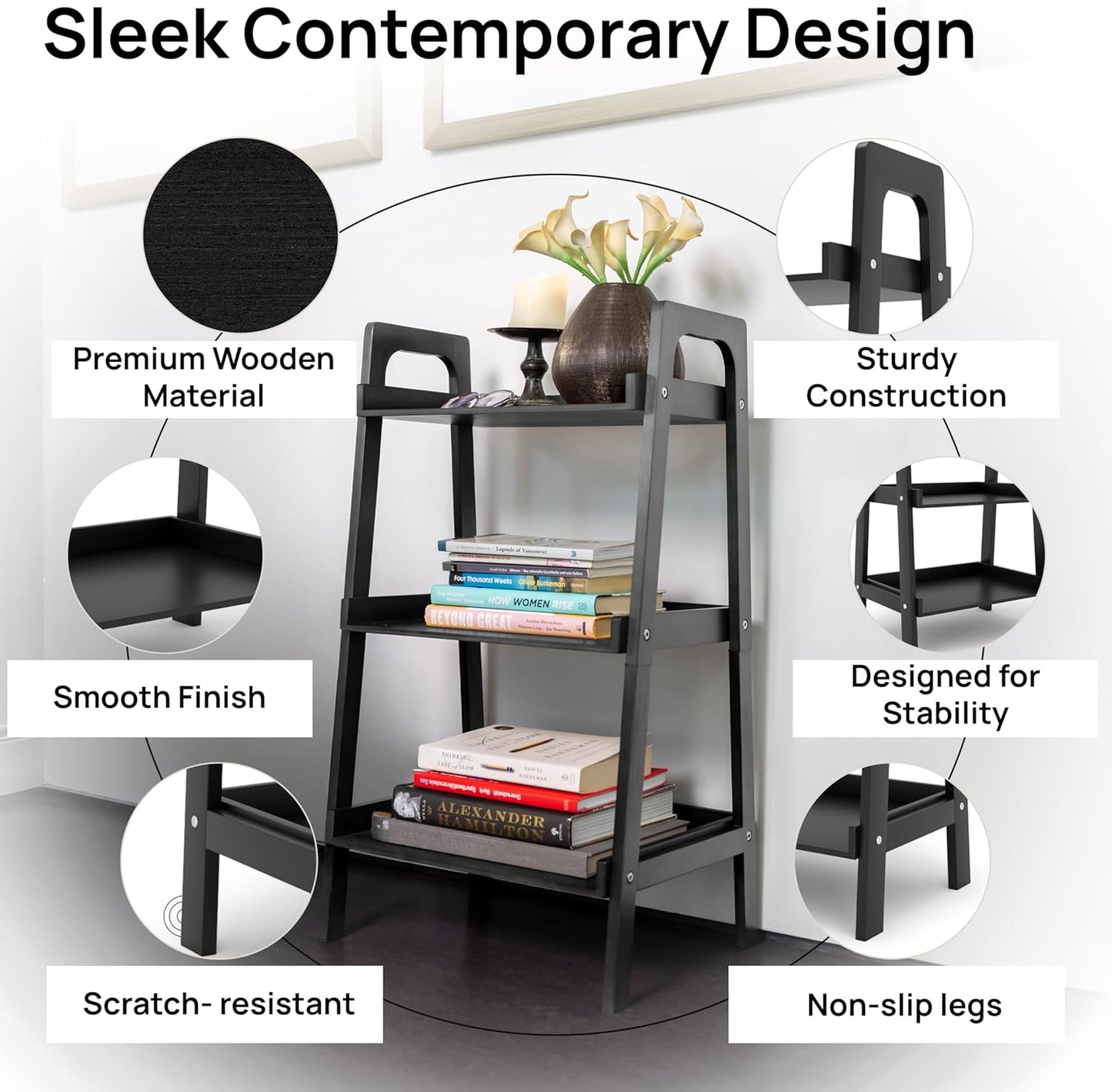 Ibyx 3 Tier Open Bookshelf - Elegant Bookcase Storage Organizer - Multi-Purpose Bamboo Display Shelf for Home, Office, Bedroom & Living Room (Black, Bamboo)