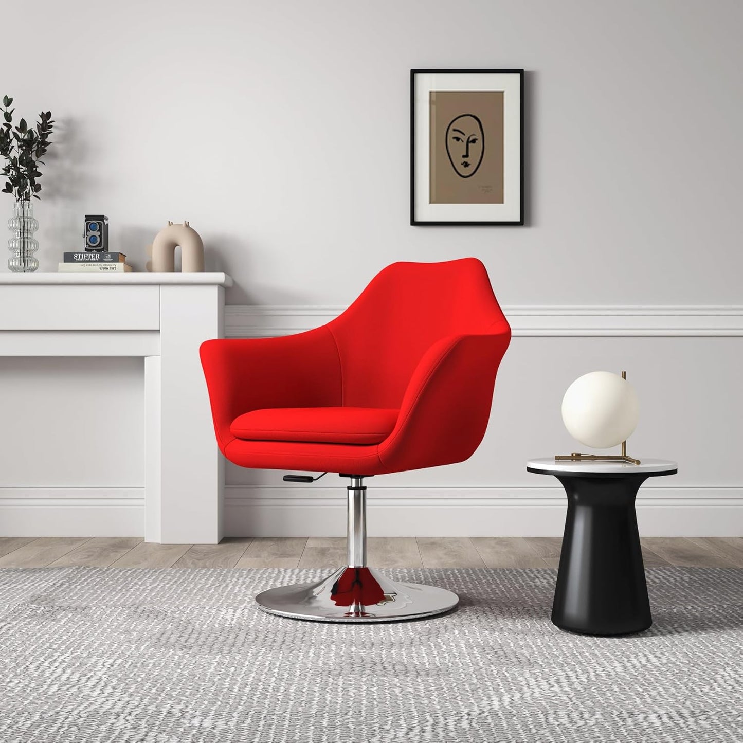 Manhattan Comfort Kinsey Adjustable Swivel Accent Chair Set of 2 with 360° Turn, Upholstered in Wool Blend, Polished Chrome Base, Ergonomic Design for Living Room & Home Office, 300 Lbs Capacity, Red