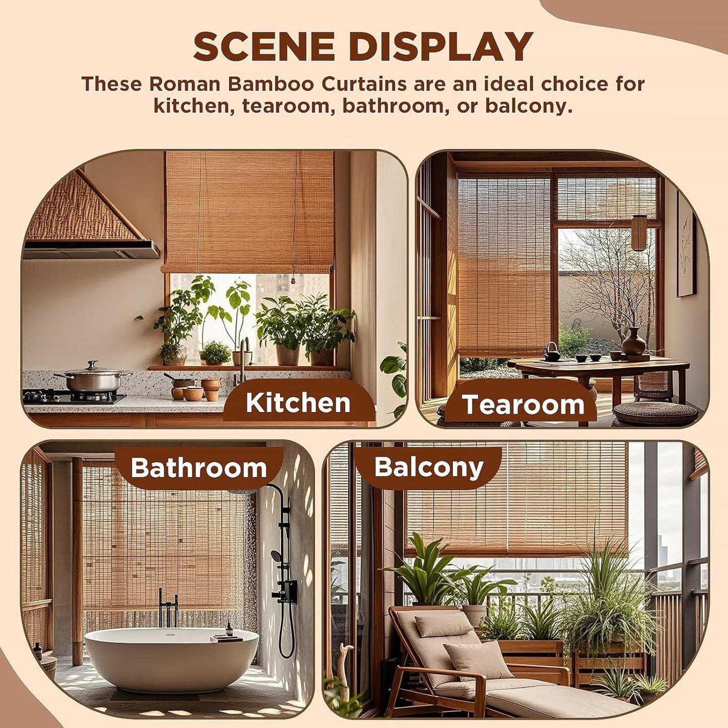 Bamboo Roller Shades Roman Shades for Window: Bamboo Blinds for Interior Windows and Outdoor Patio,Roll Up Blinds for Indoor Porch Light Filtering Sunshade,Easy to Install 36" W X 48" H