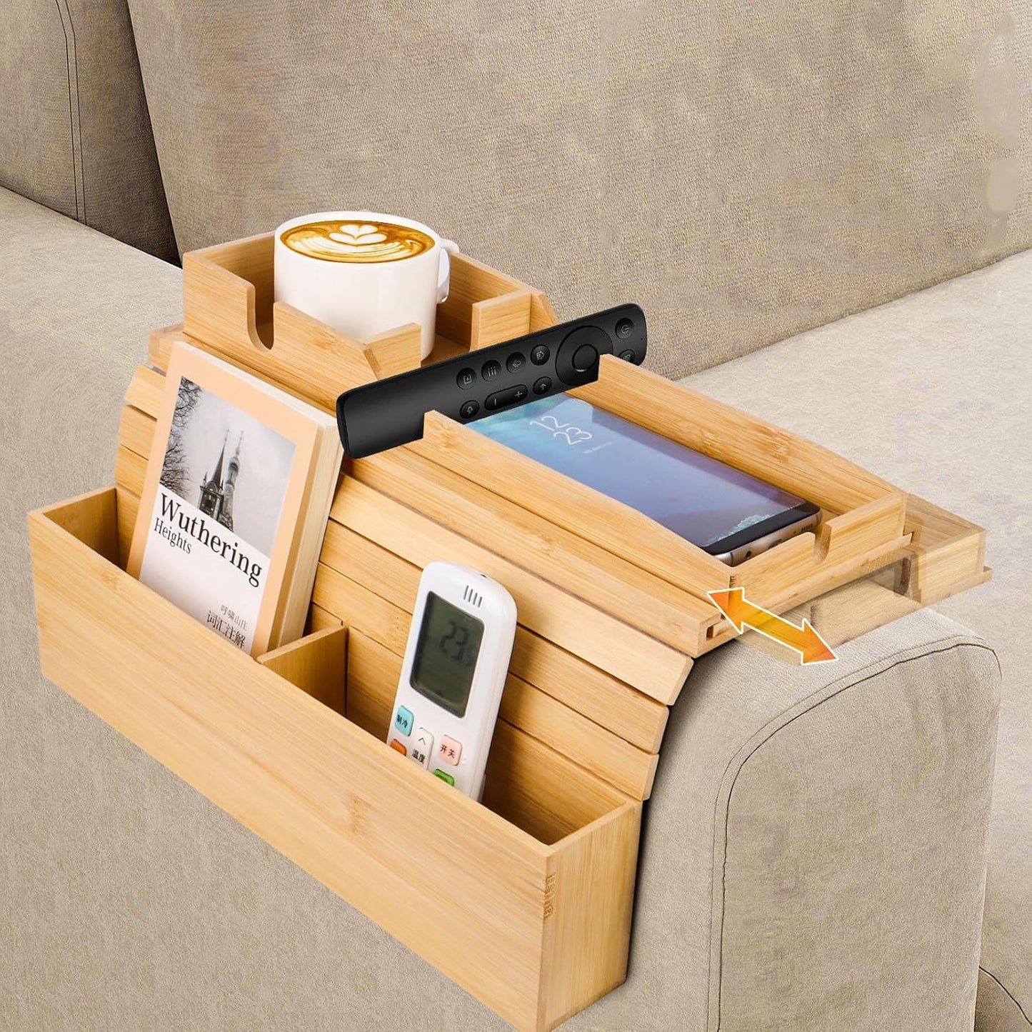 Bamboo Sofa Arm Tray, 2-in-1 Foldable Couch Armrest Tray with Detachable Cup Holder,Couch Arm Table for Armrests 5.5"–10.5" Wide,Anti-Falling Sofa Table for Drink,Cups,Phone,Snacks,Remote