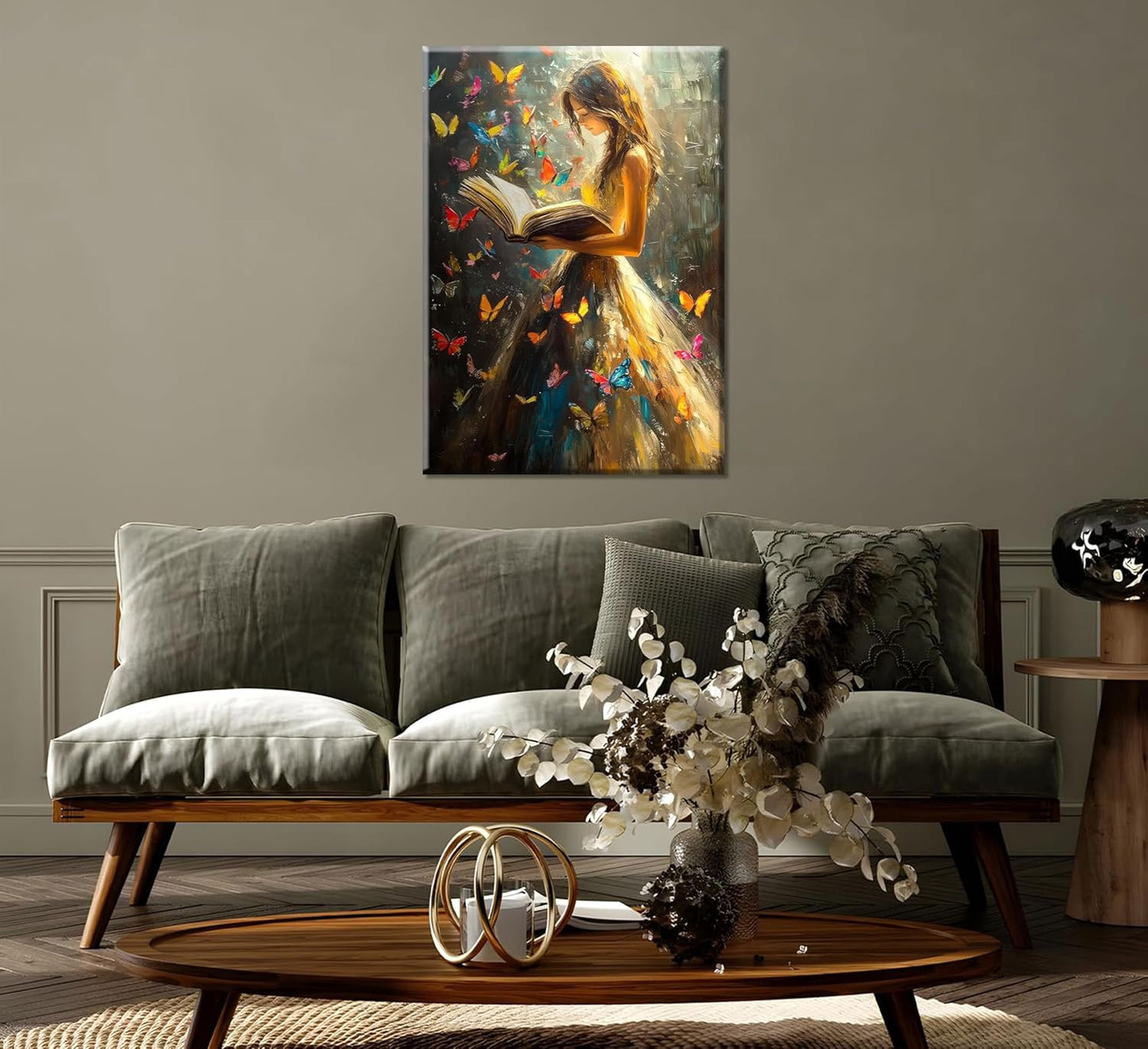 Reading Girl Canvas Wall Art Colorful Butterfly and Victorian Girls Wall DecorGirls Room Poster Print Vintage Book Artwork Painting Pictures for Reading Room Living Room Bedroom Ready to Hang