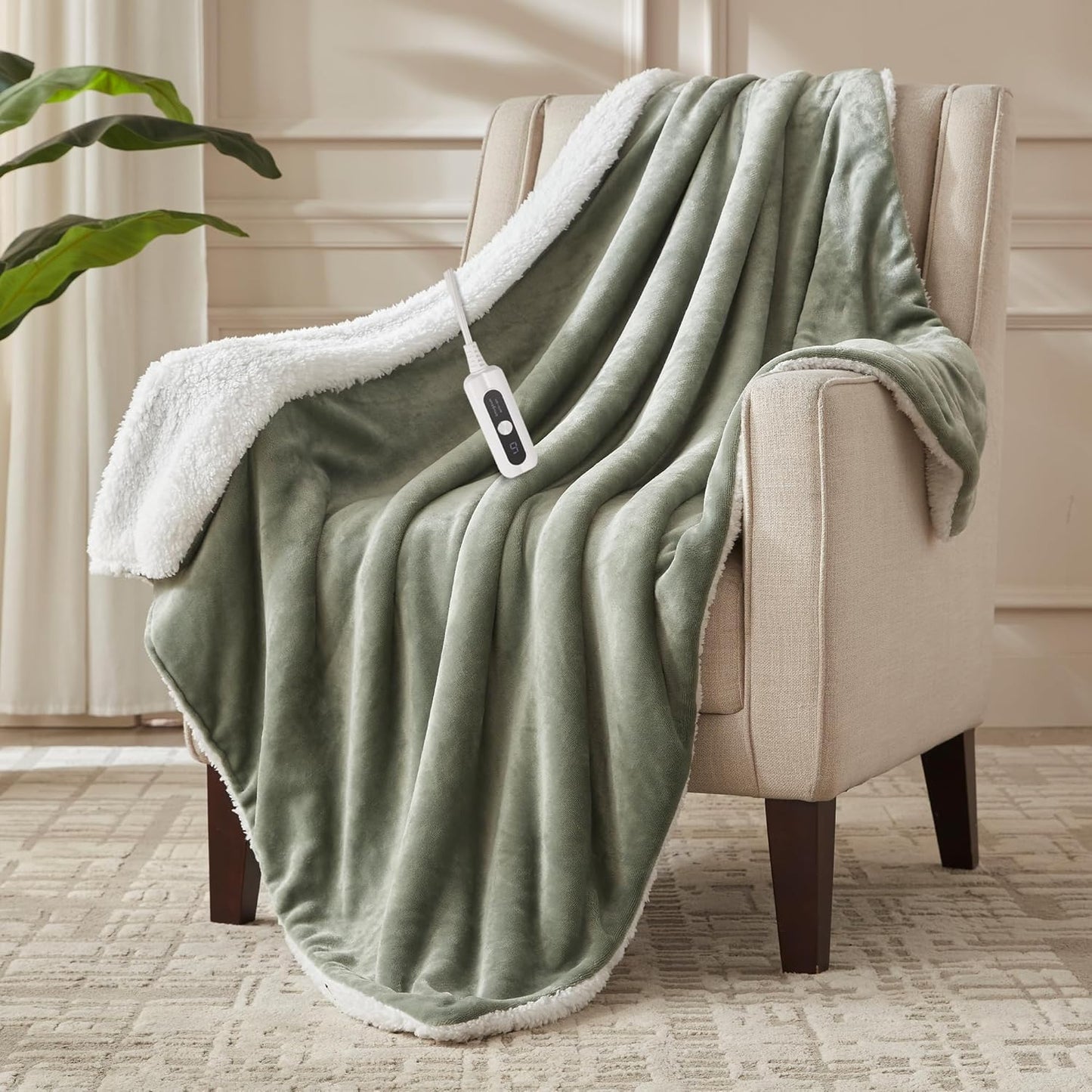 Electric Heated Blanket Throw Size, Soft and Cozy Thickened Flannel and Sherpa Electric Blanket for Bed, Automatic Safety System 6 Heating Levels & 10 Hours Auto-Off, 50"x60" Icelandic Green