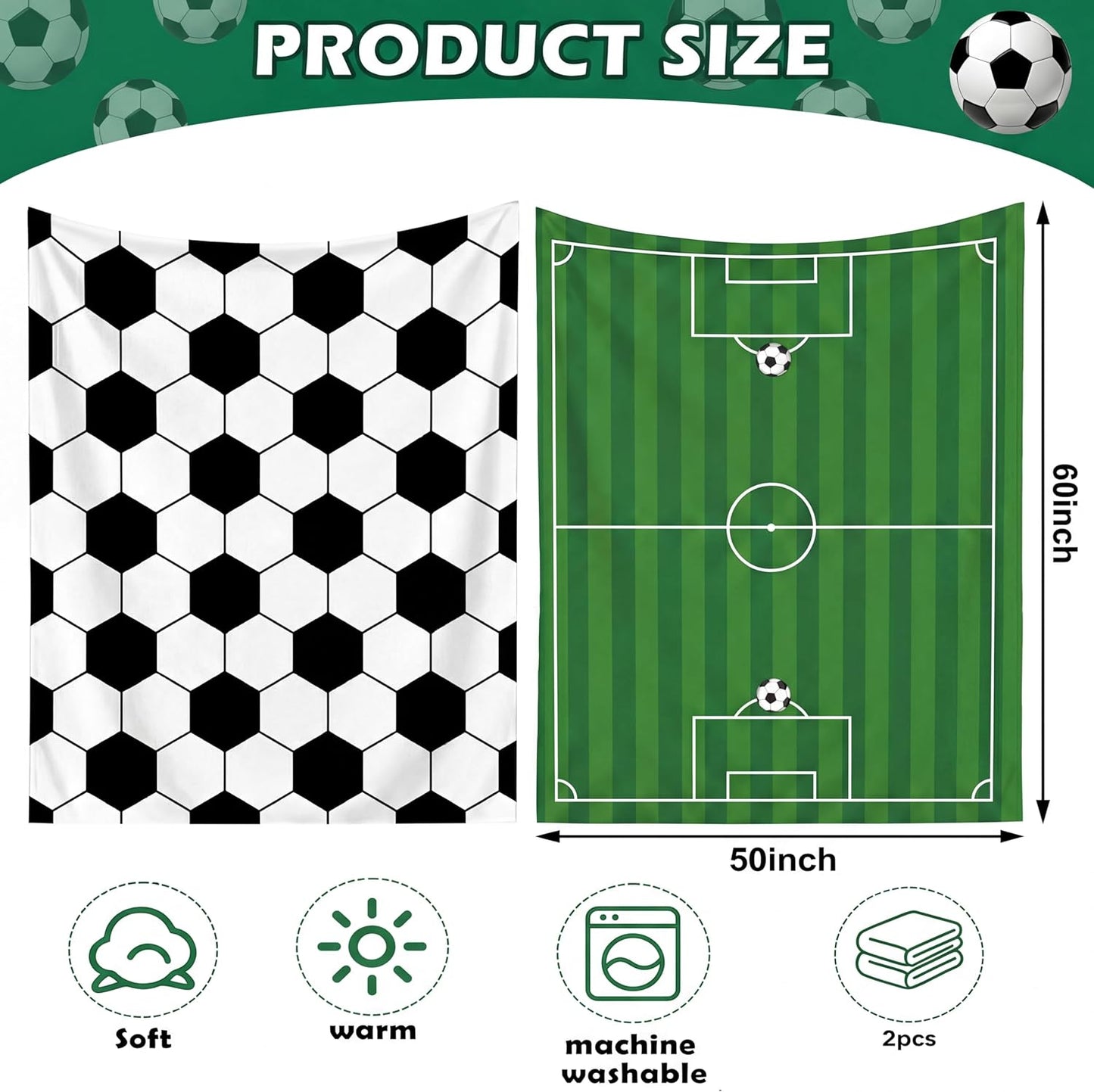 2 Pcs Soccer Blanket 50" x 60" Soccer Flannel Throw Blanket for Teen Team Coach Gifts Ball Themed Accessories Decoration for Sport Lovers Birthday Christmas Adult Gift Favors