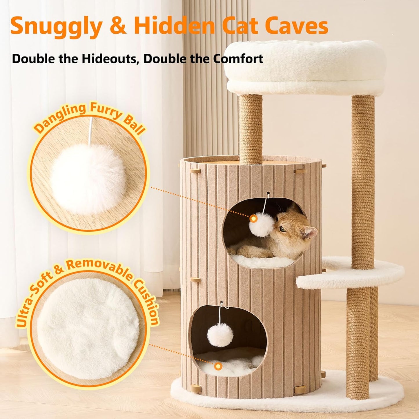 Modern Cat Tree for Indoor Cats Large Adult, 36in H Cat Tree Tower with Scratching Posts, Cozy Cat Bed Cave, Washable Cushions, Dangling Balls, Play&Nap Cat House Condo for All Breeds, Brown
