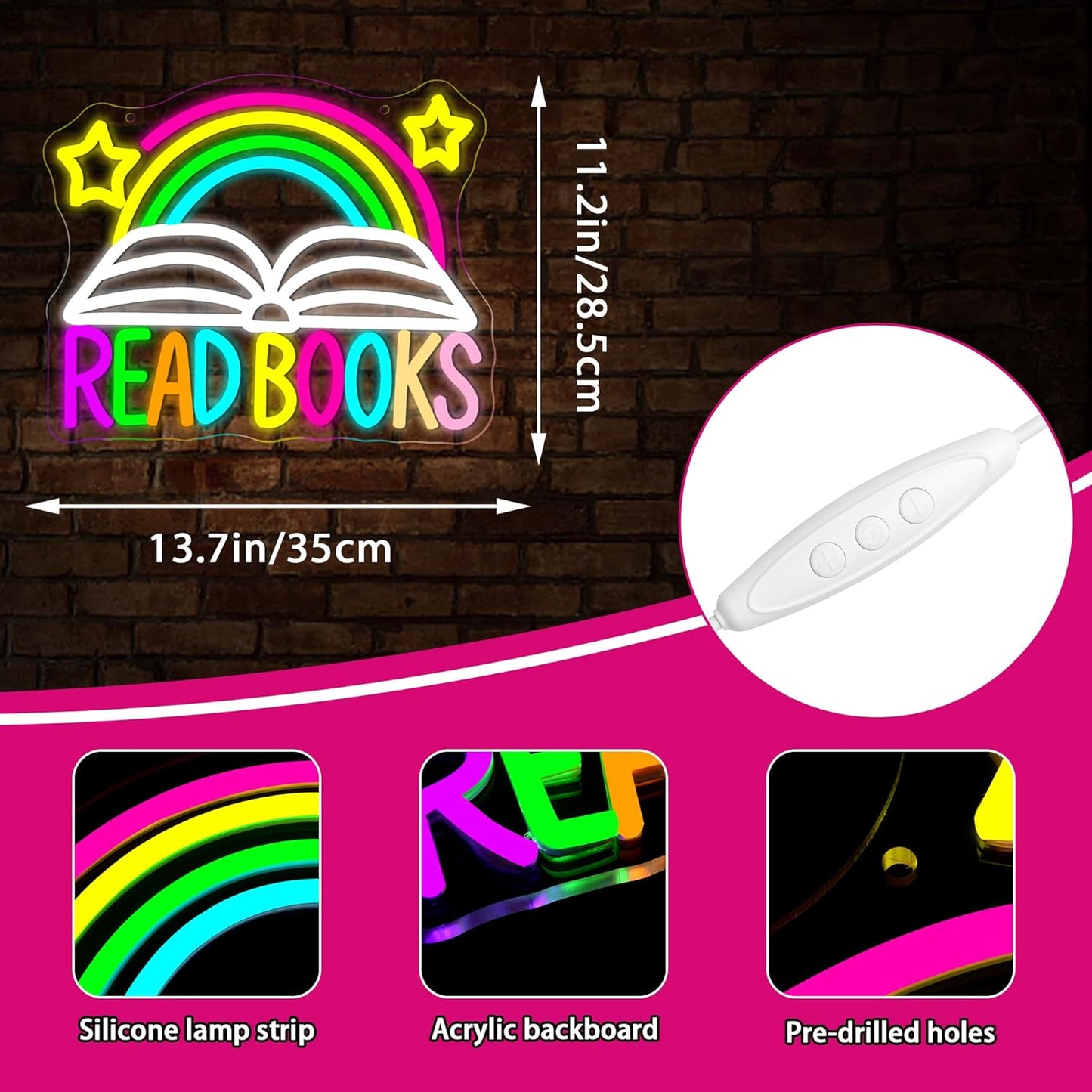 Read Books Neon Sign for Wall Decor Read Book Neon Light for Library Dimmable Rainbow Reading LED Light Up Sign for Classroom Study Room Bedroom Bookstore Birthday Gifts Size 13.7 * 11.2 In(TWP238)