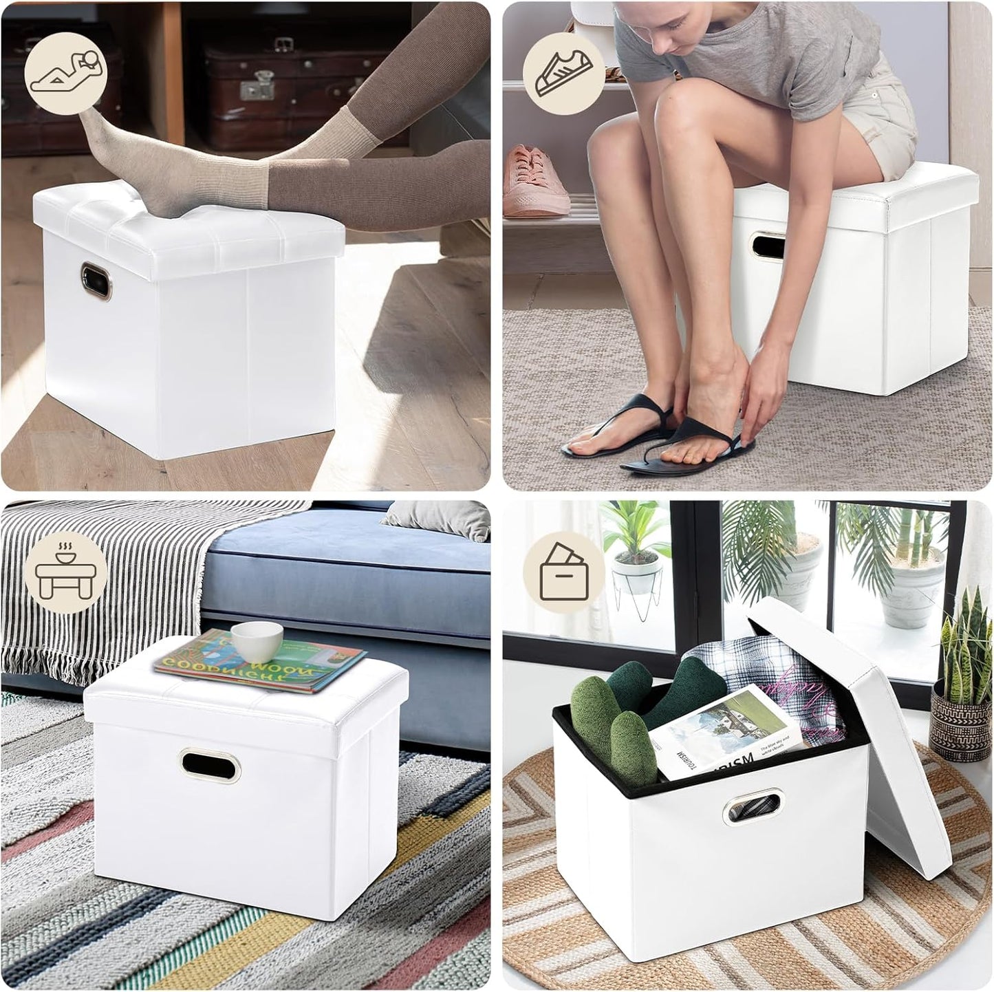 COSYLAND Storage Ottoman 17x13x13in Leather Rectangle Foot Rest Folding Bench Seat Organizer Entryway Furniture with Handles Lid White