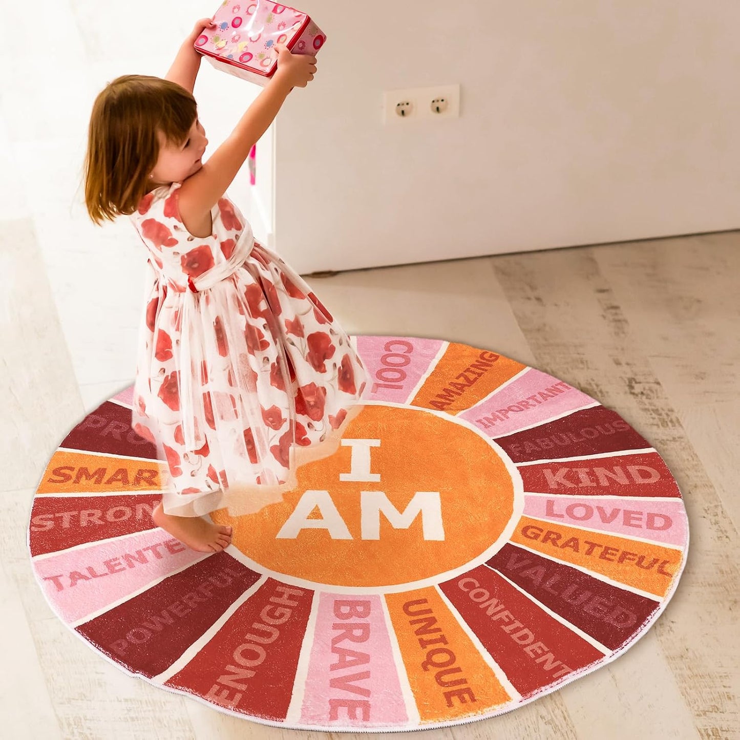 Boho Round Rug 4 Ft Retro Colorful Sun Rainbow Positive Words Area Rug Soft Motivational Carpet for Back to School Classroom Home Kindergarten Dorm Bedroom Reading Nook Playroom Decor