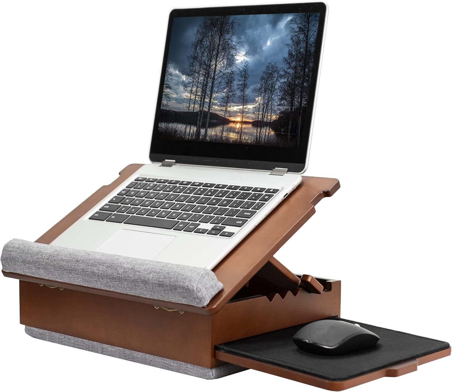 Wooden Tilting Lap Desk for Writing, Drawing, Laptop Work, and More, Height Adjustable Compact Table with Slide-Out Mouse Pad, Internal Storage, Wrist Support, Dark Wood, SX-LAPD-1