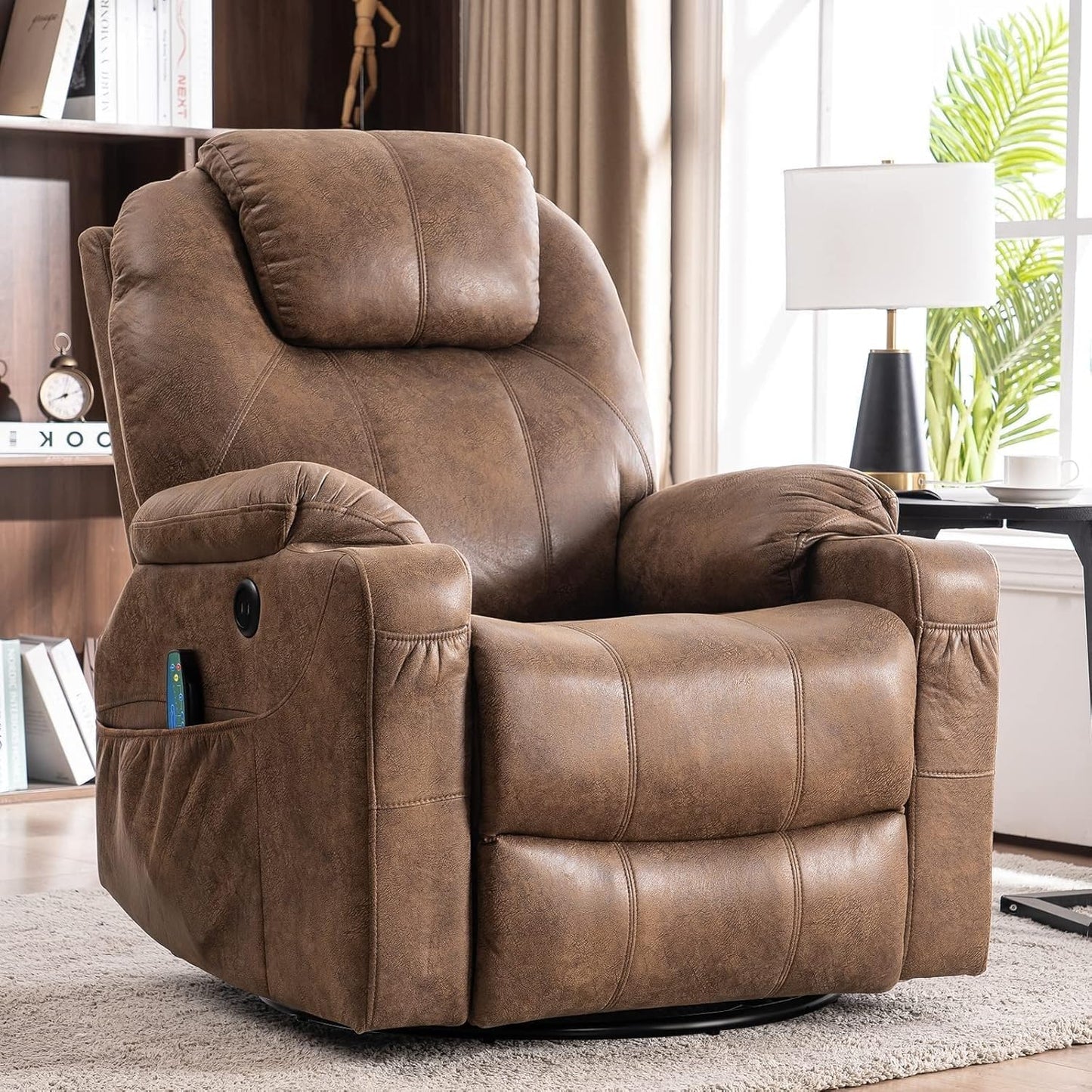 Manual Swivel Rocker Recliner Chair with Heat, Ergonomic Glider Rocking Reclining Chair, 360 Degree Swivel Lounge Chair with Cup Holders & Pockets for Living Room, Bedroom
