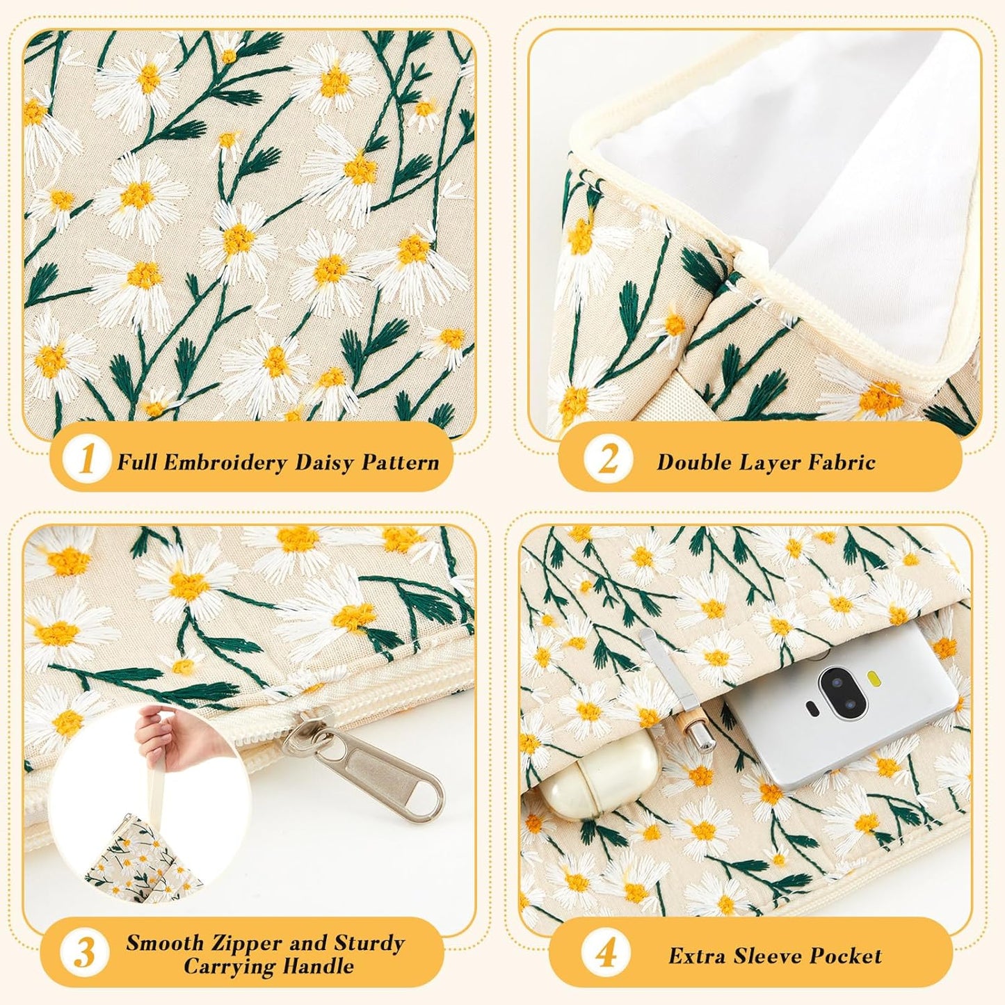 12''x9'' Daisy Embroidered Book Sleeve with Cotton Lining with Handle and Zipper Book Protector for Paperback and Hardcover, Christmas Ideal Gift Book Sleeve Pouch for Book Lovers(White)