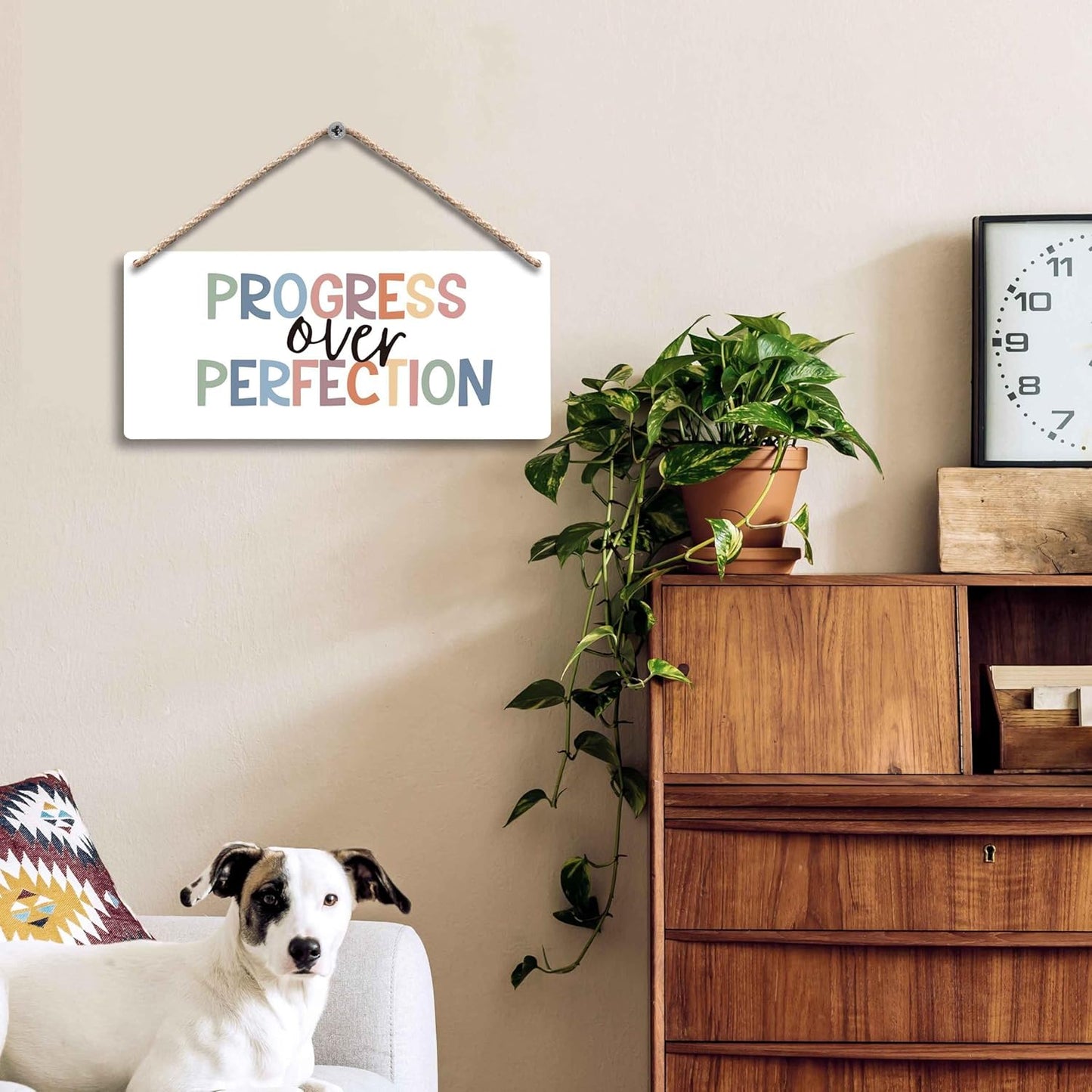 FUGWN Inspirational Progress Over Perfection Hanging Wooden Signs 12x6, Motivational Mental Health Wall Decor for Classroom Kids Room Playroom, Mental Health Home Decor Gifts for Kids Boys Girls