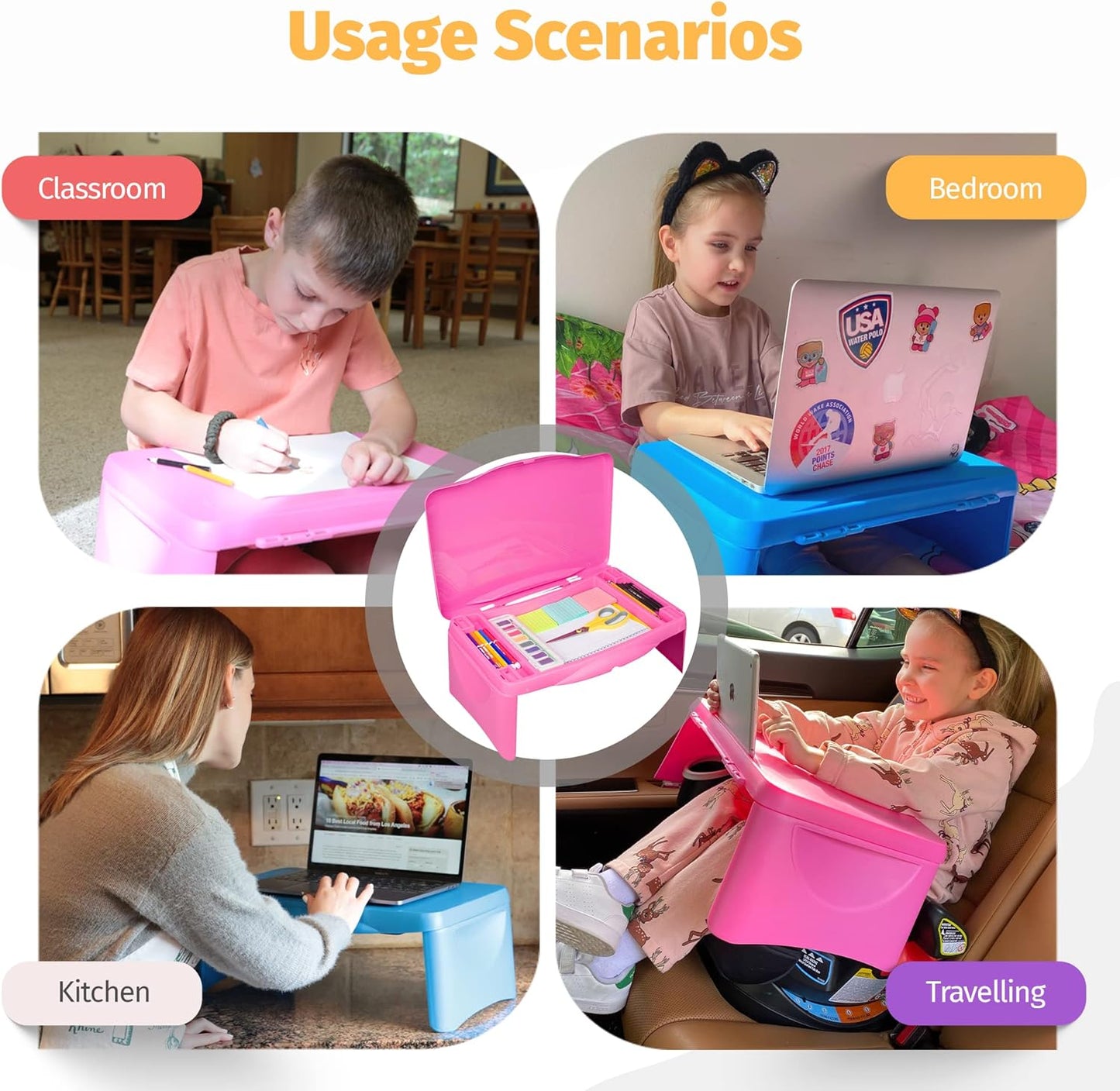 Pink Folding Lap Desk - Foldable Table for Work, Study, Gaming, Arts, Crafts, School - Collapsible Laptop Tray with Storage Compartment - Portable Writing Station for Kids, Adults