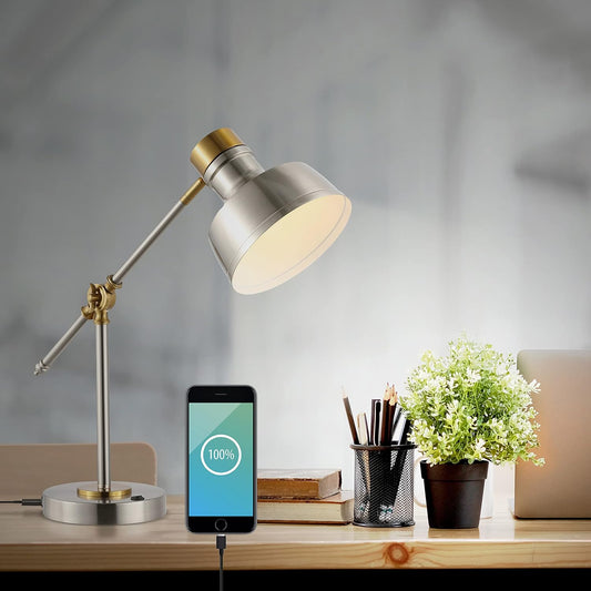 JONATHAN Y 18.5" Nickel/Brass Gold Adjustable Cantilever LED Task Lamp with USB Charging Port, Vintage Farmhouse Desk Lamp for Home Office Reading, Metal Shade (JYL7124B)