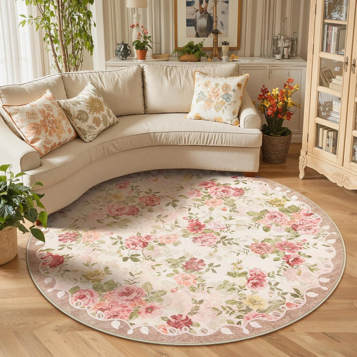 Lahome Floral Boho Round Rugs 6ft,Washable Round Rug for Dining Room Table,Circle Rugs for Living Room Large Round Carpet for Bedroom,Playroom,Nursery,Reading Corner Nina