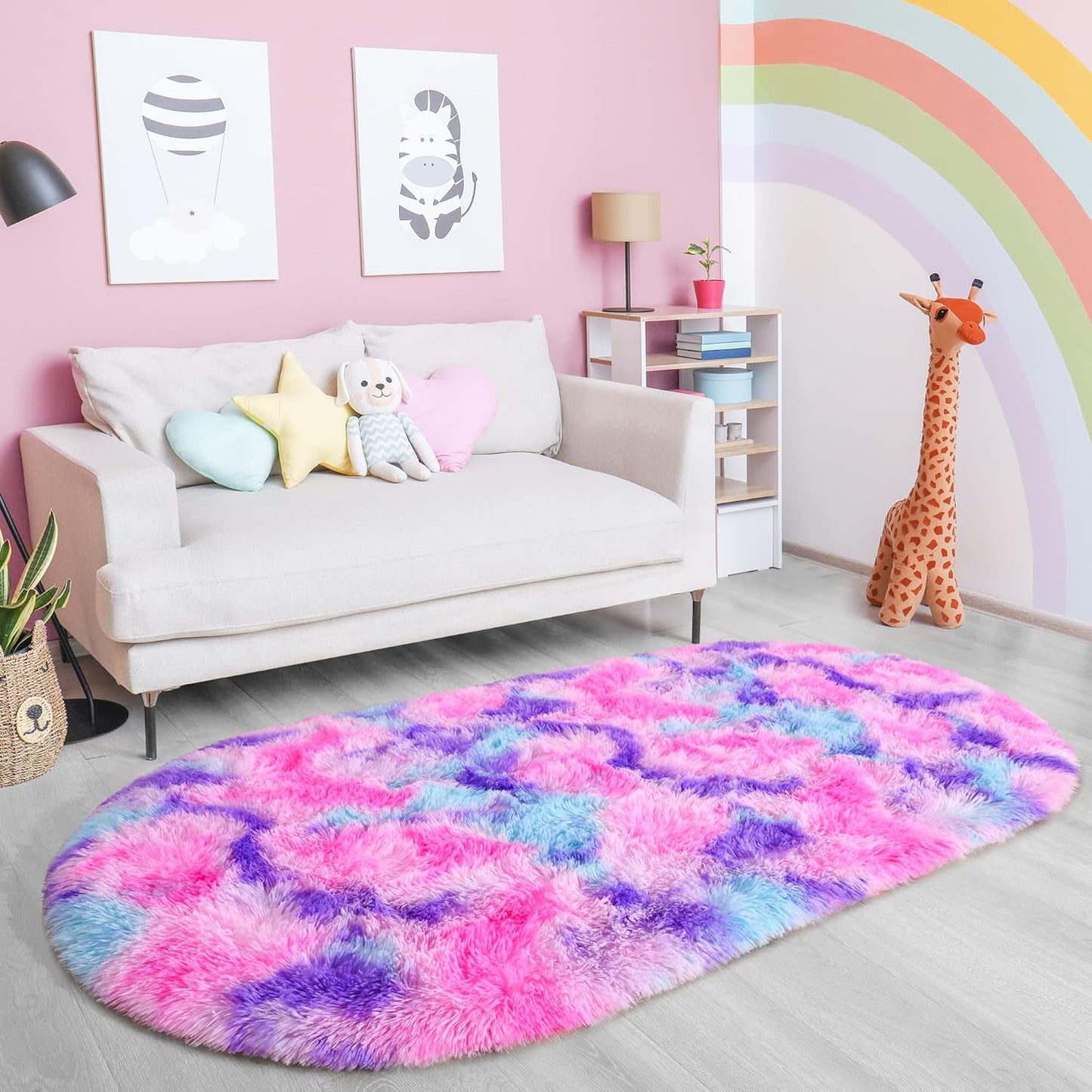 junovo Ultra Soft Washable Shaggy Rug - Non-Slip Oval Carpet for Nursery, Kids Bedroom & Home Decor (2.6x5.3ft Tie-Dye Hot Pink) | Plush Fluffy Floor Mat for Cozy Living Spaces