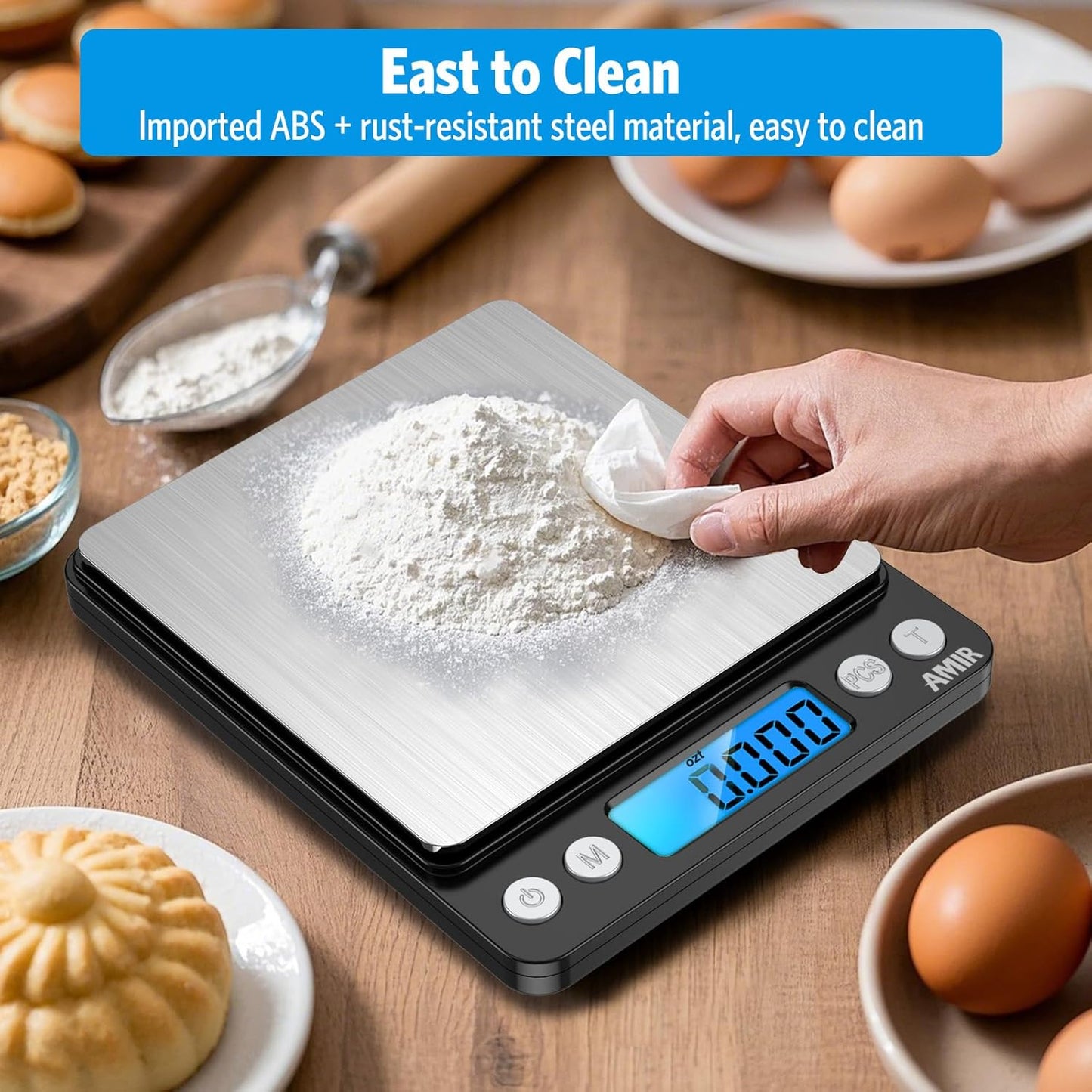 AMIR Digital Kitchen Scale, 500g/0.01g Mini Pocket Jewelry Scale, Cooking Food Scale with Backlit LCD Display, 2 Trays, 6 Units, Auto Off, Tare, PCS Function, Stainless Steel, Battery Included, Black