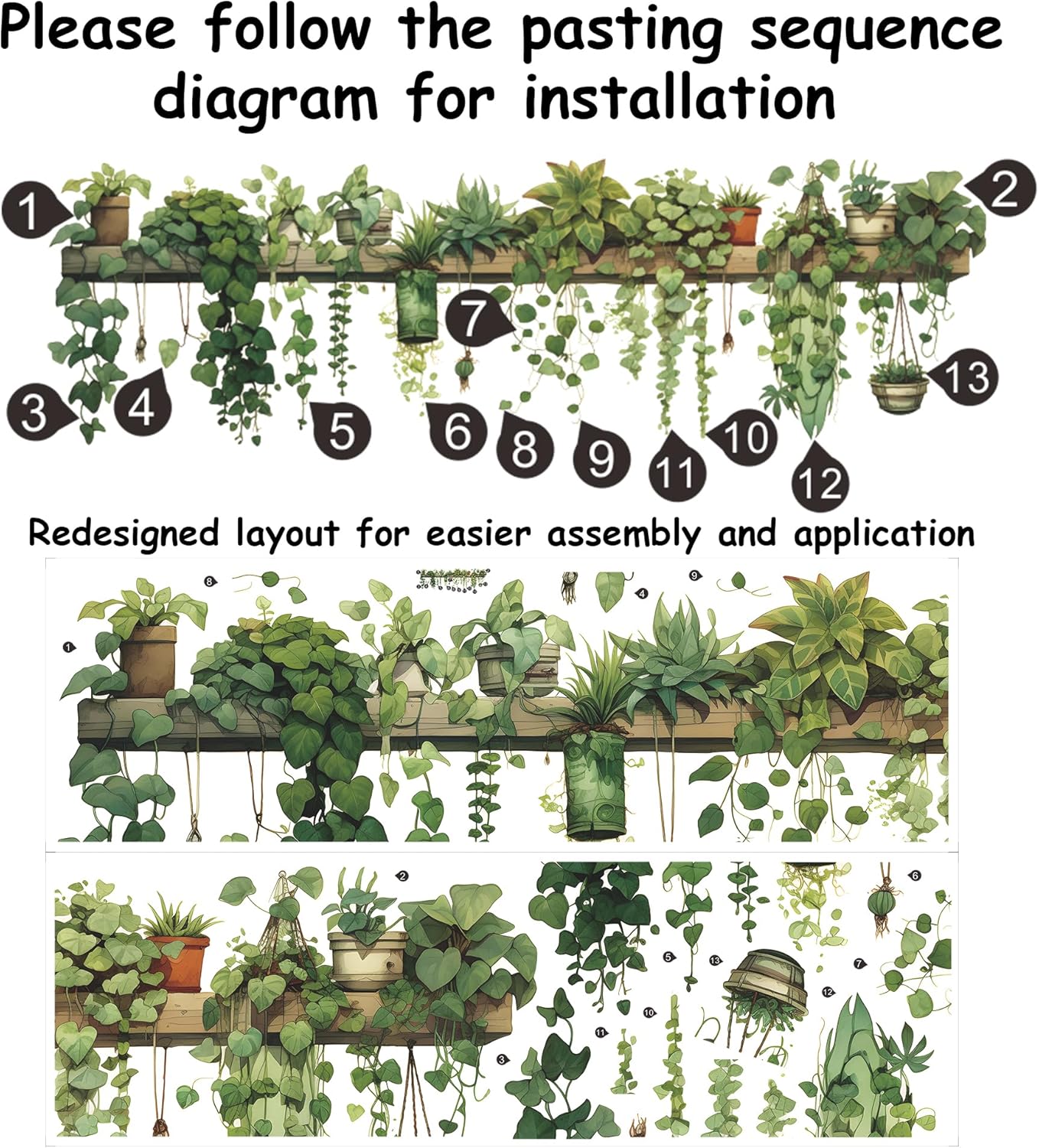 Green Plant Wall Stickers Vinyl Wall Decals Removable Wall Clings Peel and Stick Wall Mural for Bedroom Living Room Office (Large)