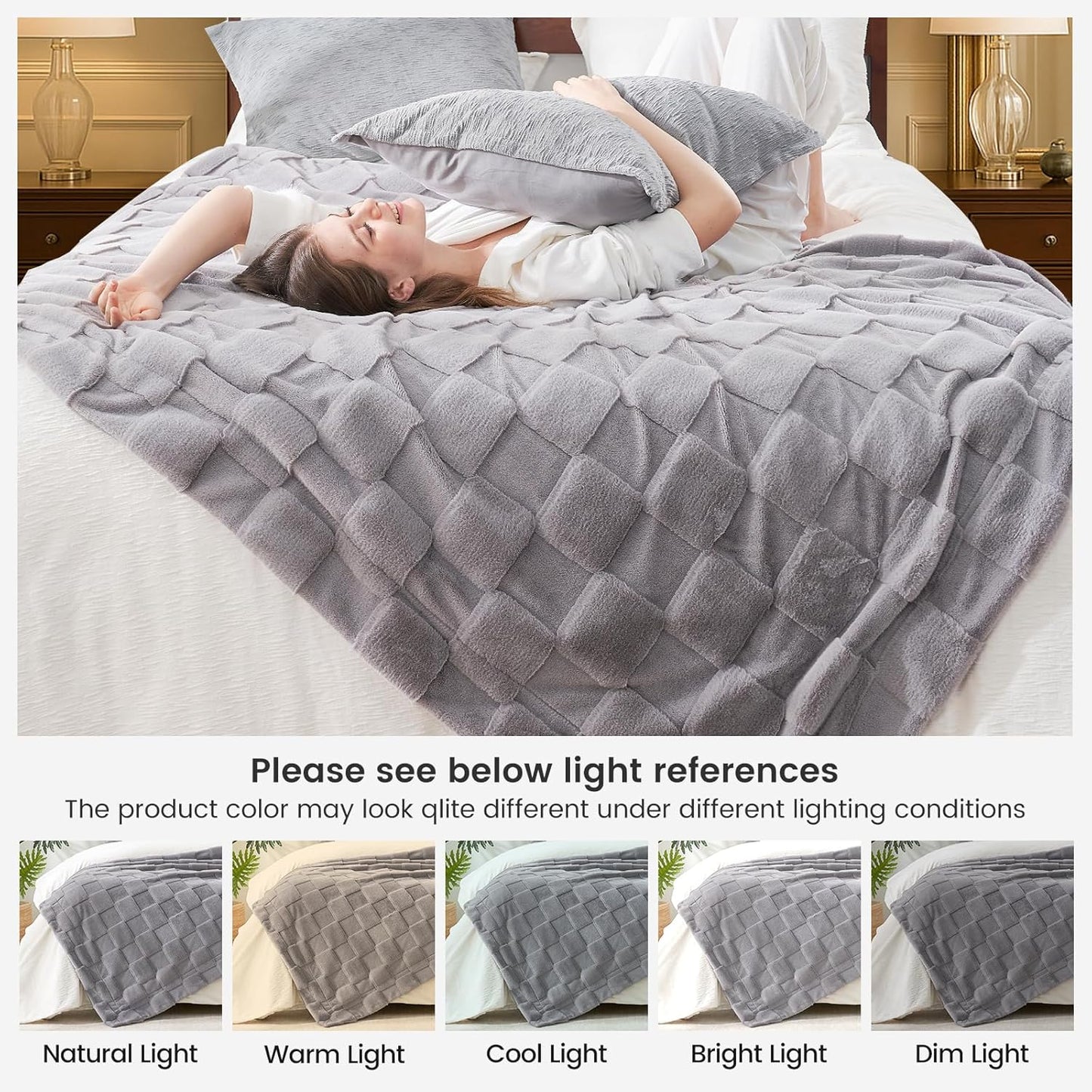 Cozy Bliss Checkered Faux Rabbit Fur Grey Throw Blanket, Soft Fuzzy Fluffy Minky Furry Blankets for Couch, Bed (50 * 60 Inches Light Grey)
