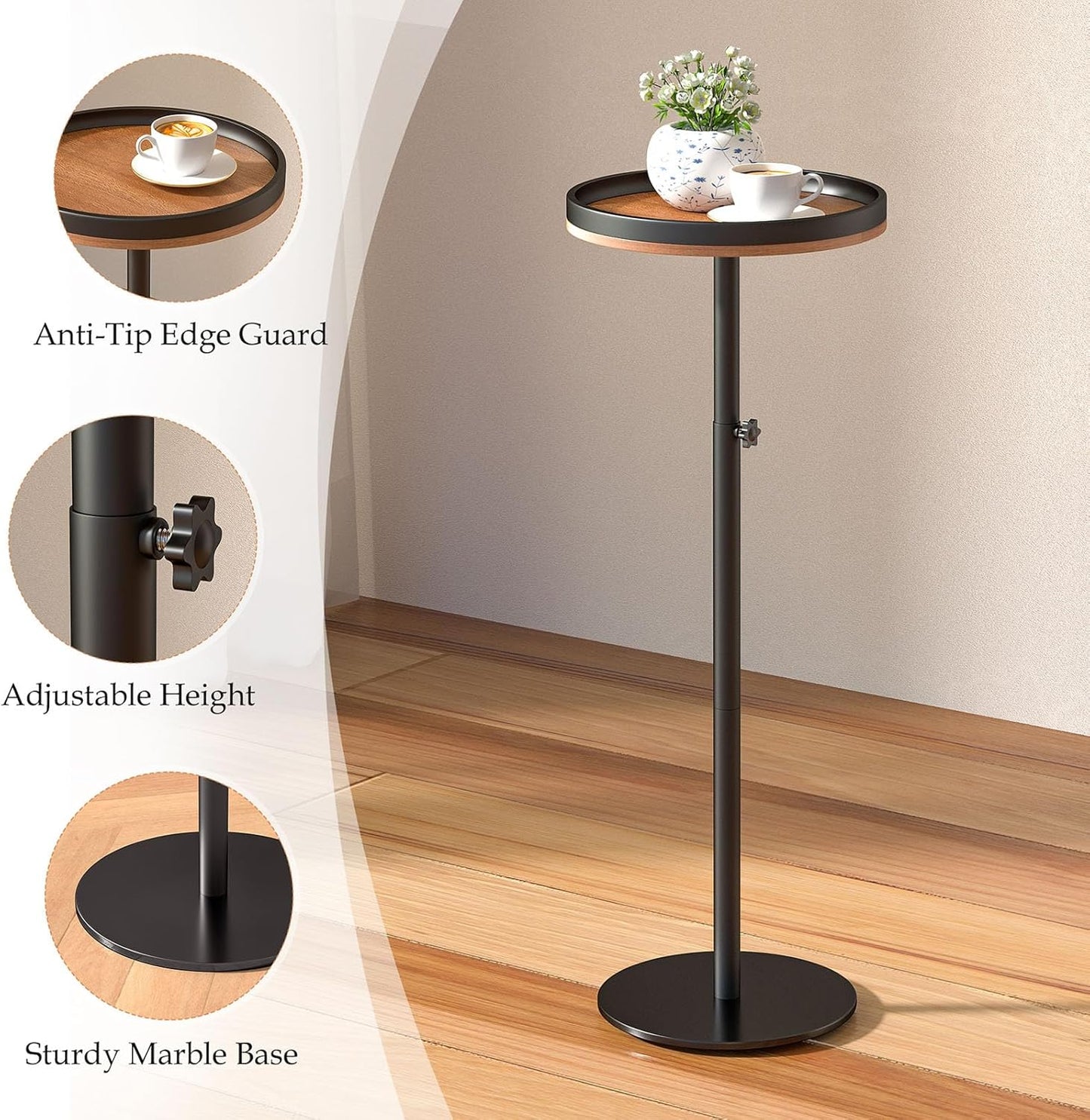 Small Round Side Table, Adjustable Height Drink Table for Small Spaces, Martini Table with Pedestal Accent for Living Room, Bedroom, Sofa Couch, Rustic Brown