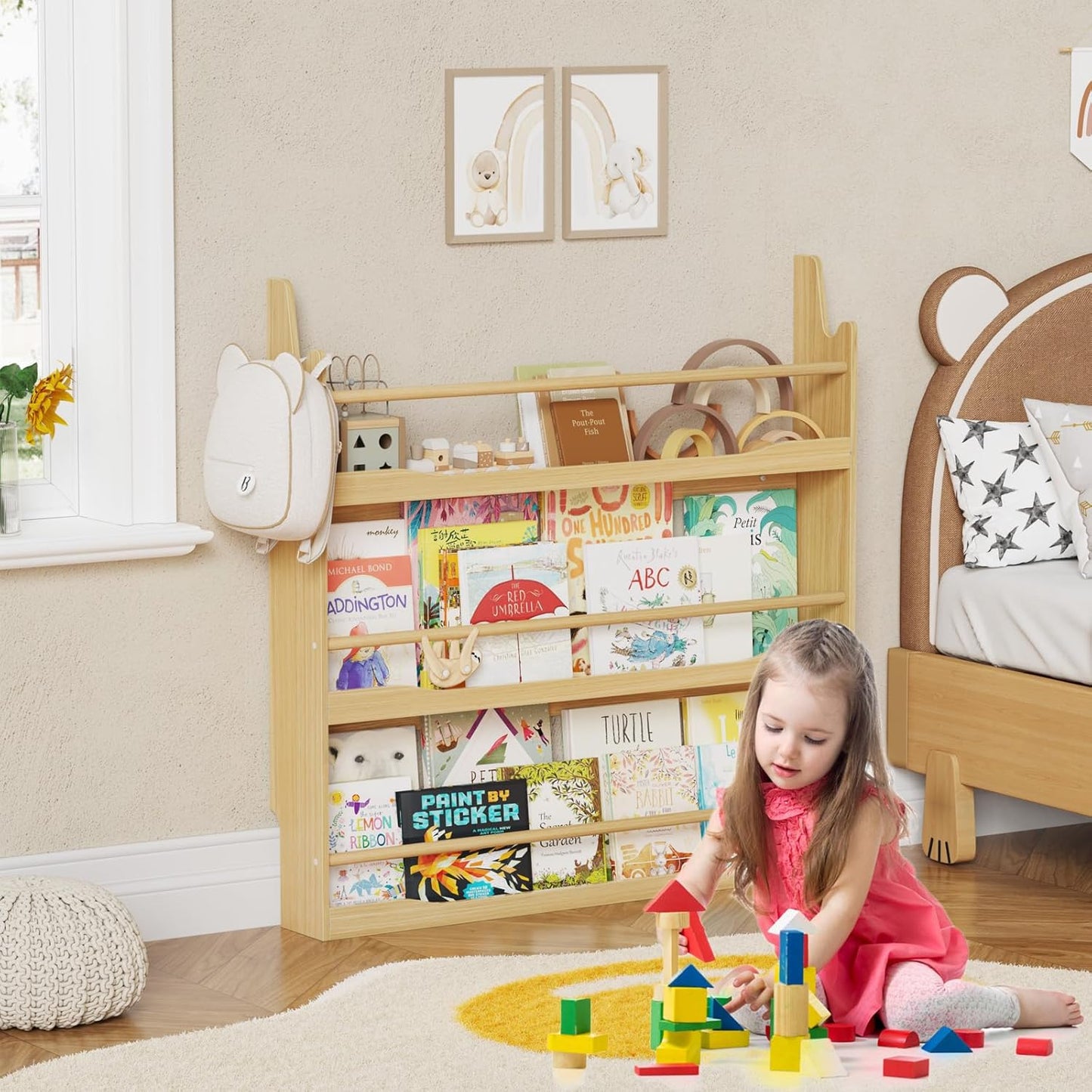 Lkeiyay Wooden Kids Bookshelf,Wall Mount 3-Tier Book Shelf Organizer for Toys and Books,Wall Book Shelves for Bedroom Kids (Natural)