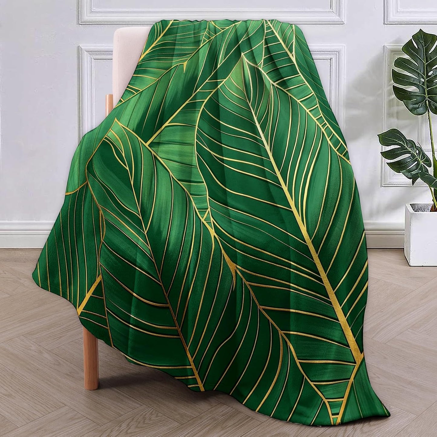 Botanical Leaf Blanket Gifts for Women Men Soft Warm Lightweight Cozy Green Palm Plant Throw Blankets for Bed Living Room Sofa Travel Home Decor 50"x60"