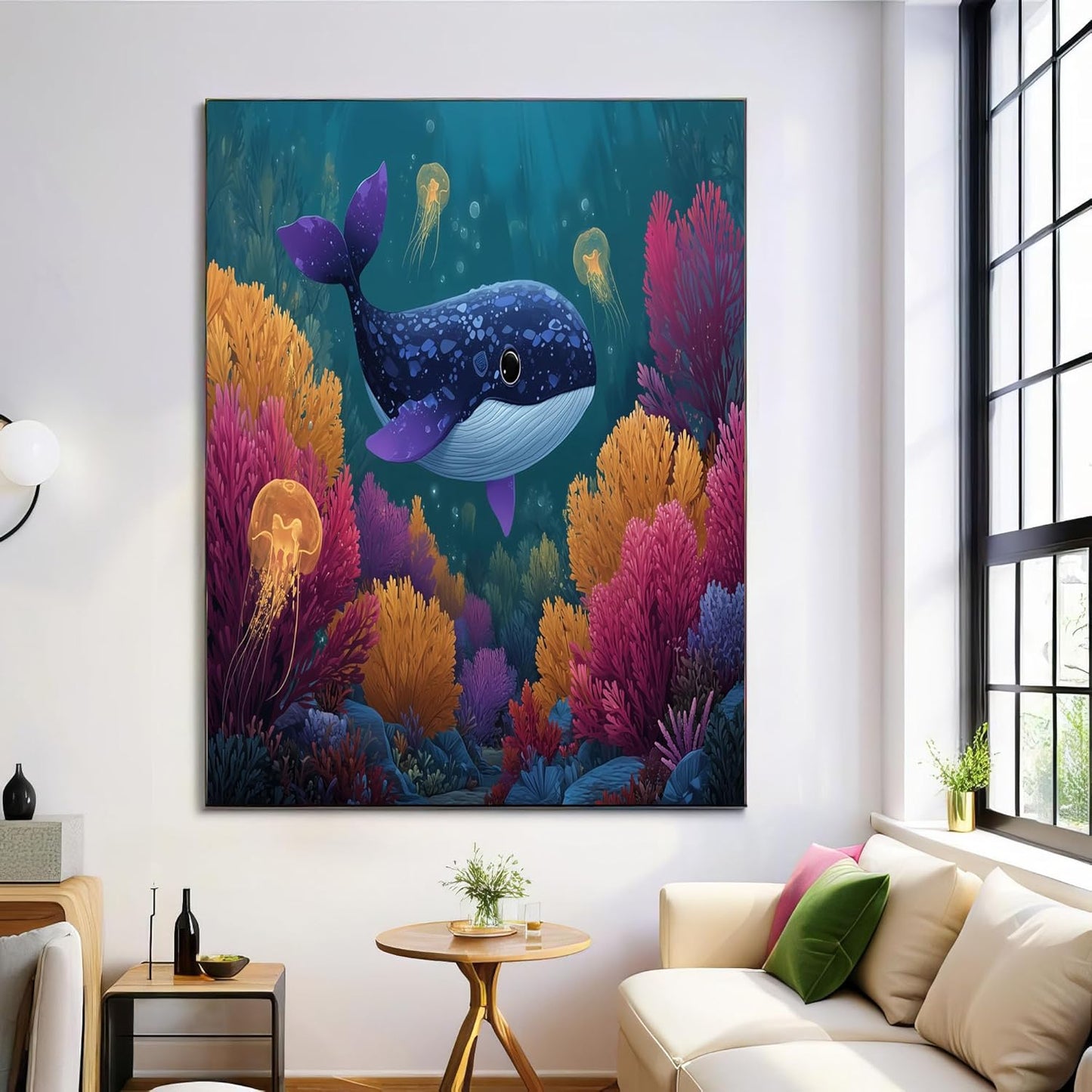 GDJSMIN Cartoon Style Wall Art, Ocean Cute Little Blue Whale Poster for Reading Room Living Room Decor 16x 24 inch Unframed
