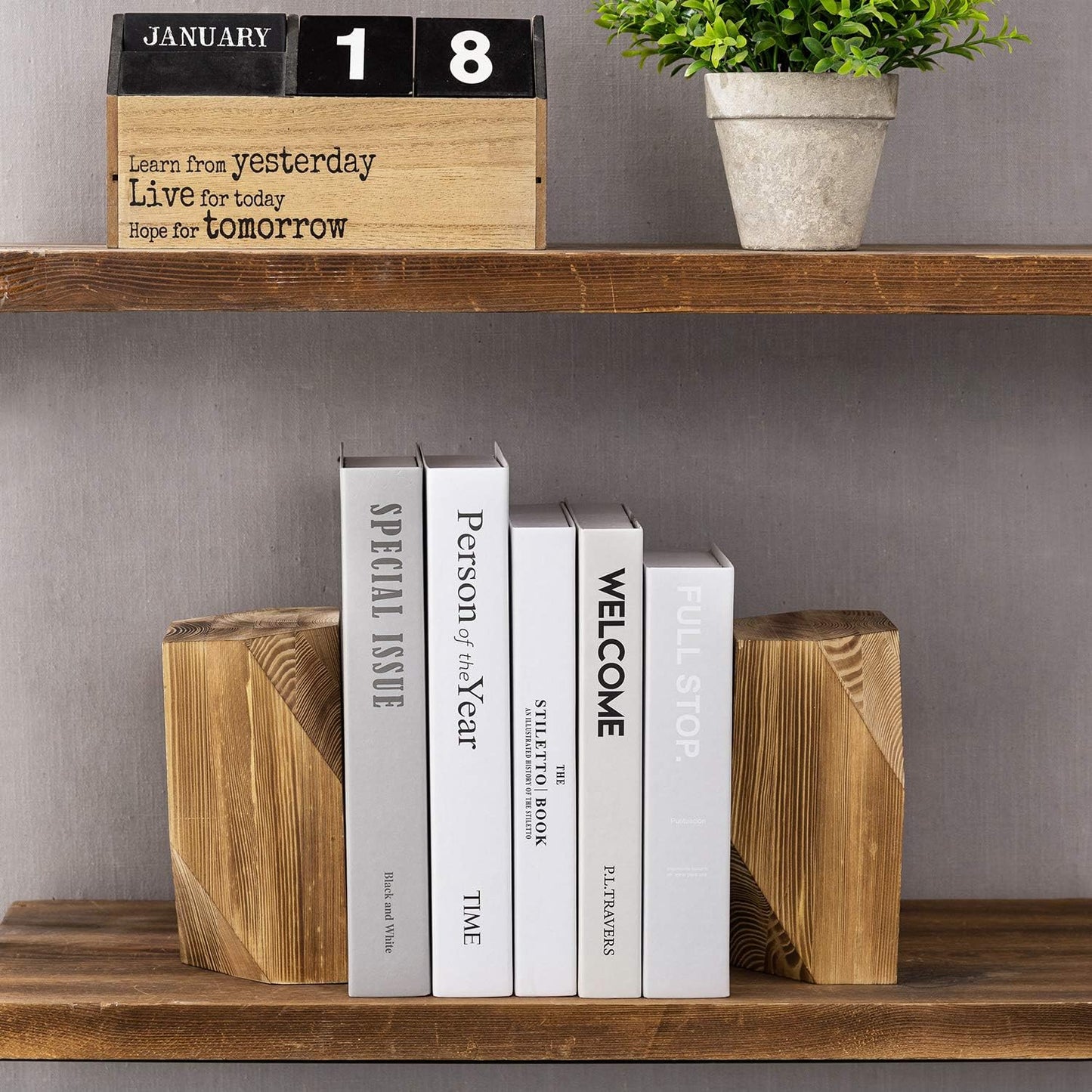 MyGift Brass Wood Decorative Bookends Triangular Design, Office Desk Wooden Book Ends, Book Stand for Shelves with Tone Ring Accent