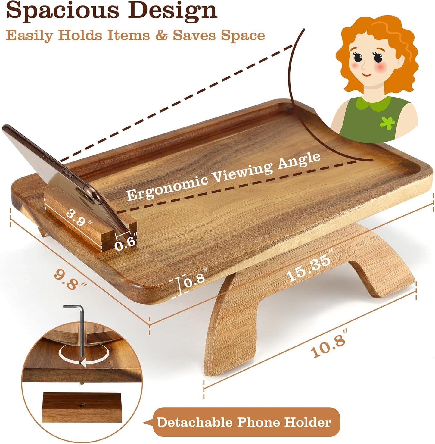 Acacia Wood Couch Armrest Table,Sofa Arm Tary Table for Living Room,Sofa Armrest Tray with Rotated Phone Holder,Clip on Arm Rest Tables for Couch,Foldable Side Tables Serving Trays for Eating&Drinking