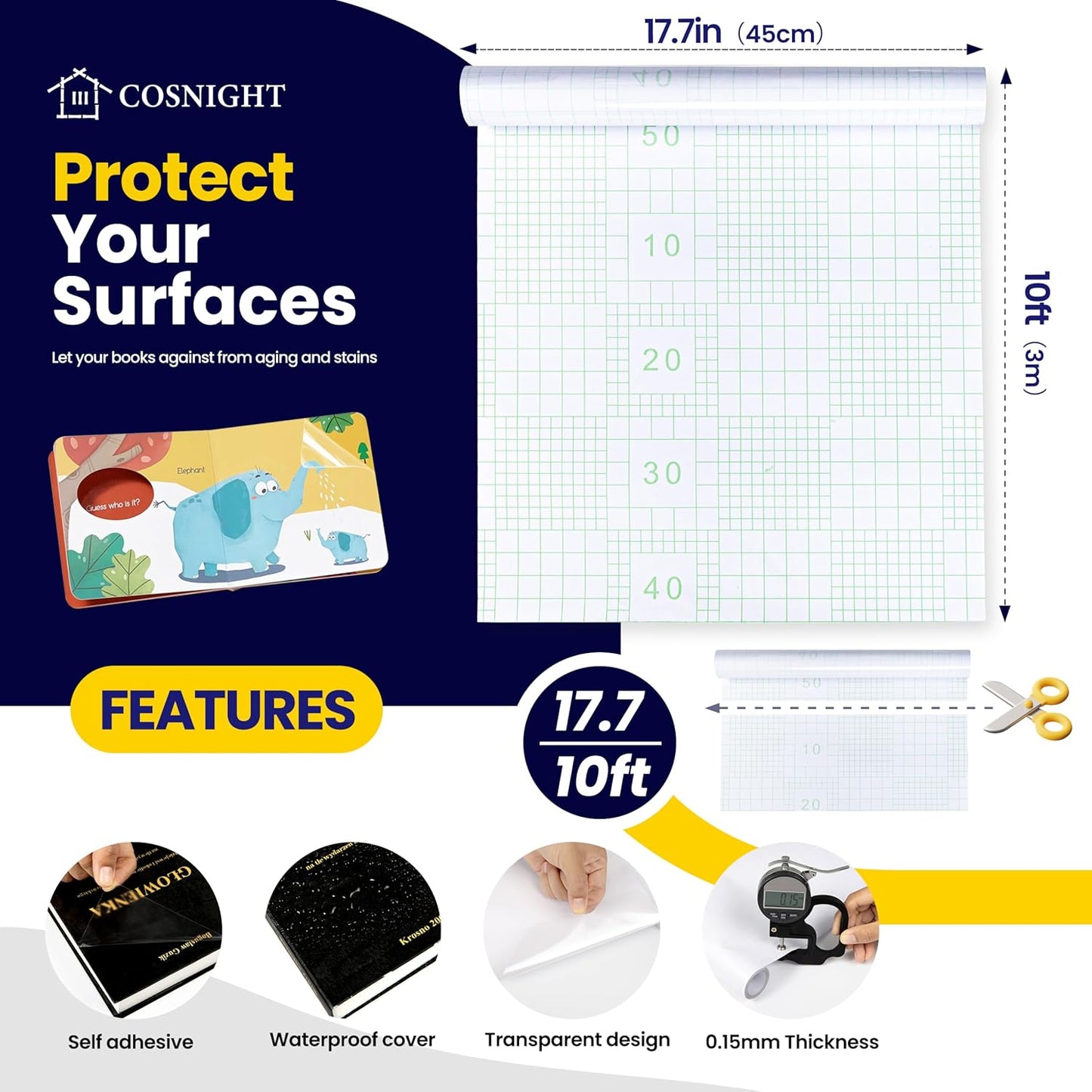 COSNIGHT Clear Contact Paper Peel and Stick for Book Cover Protector 17.7in x 10ft/Roll, Clear Self Adhesive Shelf Liner and Drawer