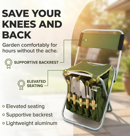 10-piece Gardening Tool Set with Zippered Detachable Tote and Folding Stool Seat with Backrest