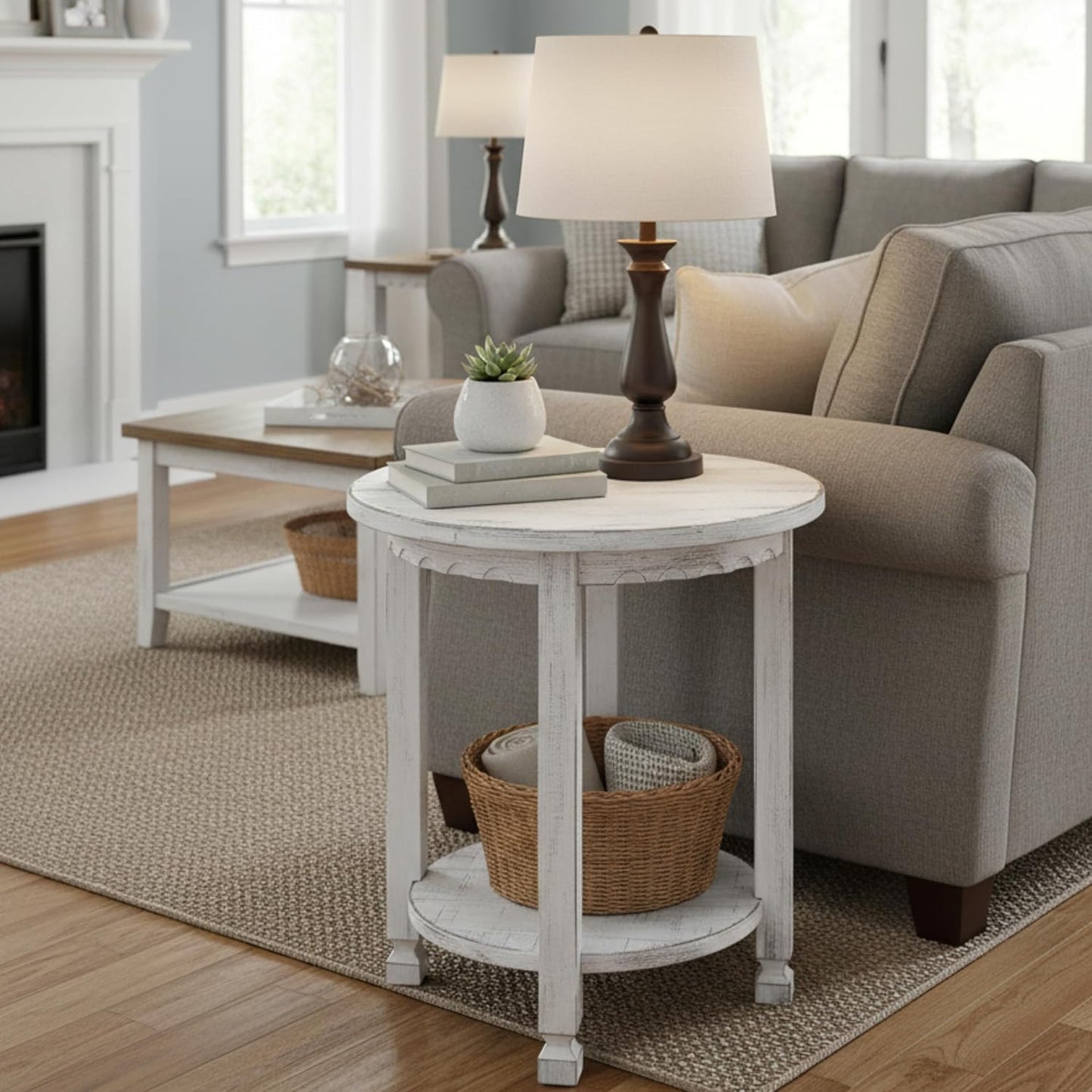 Alaterre Furniture Country Cottage Round End Table – 20” Rustic Farmhouse Side Table with Lower Shelf, Carved Edges & Square Turned Legs – Accent Table for Living Room or Bedroom (Antique White)