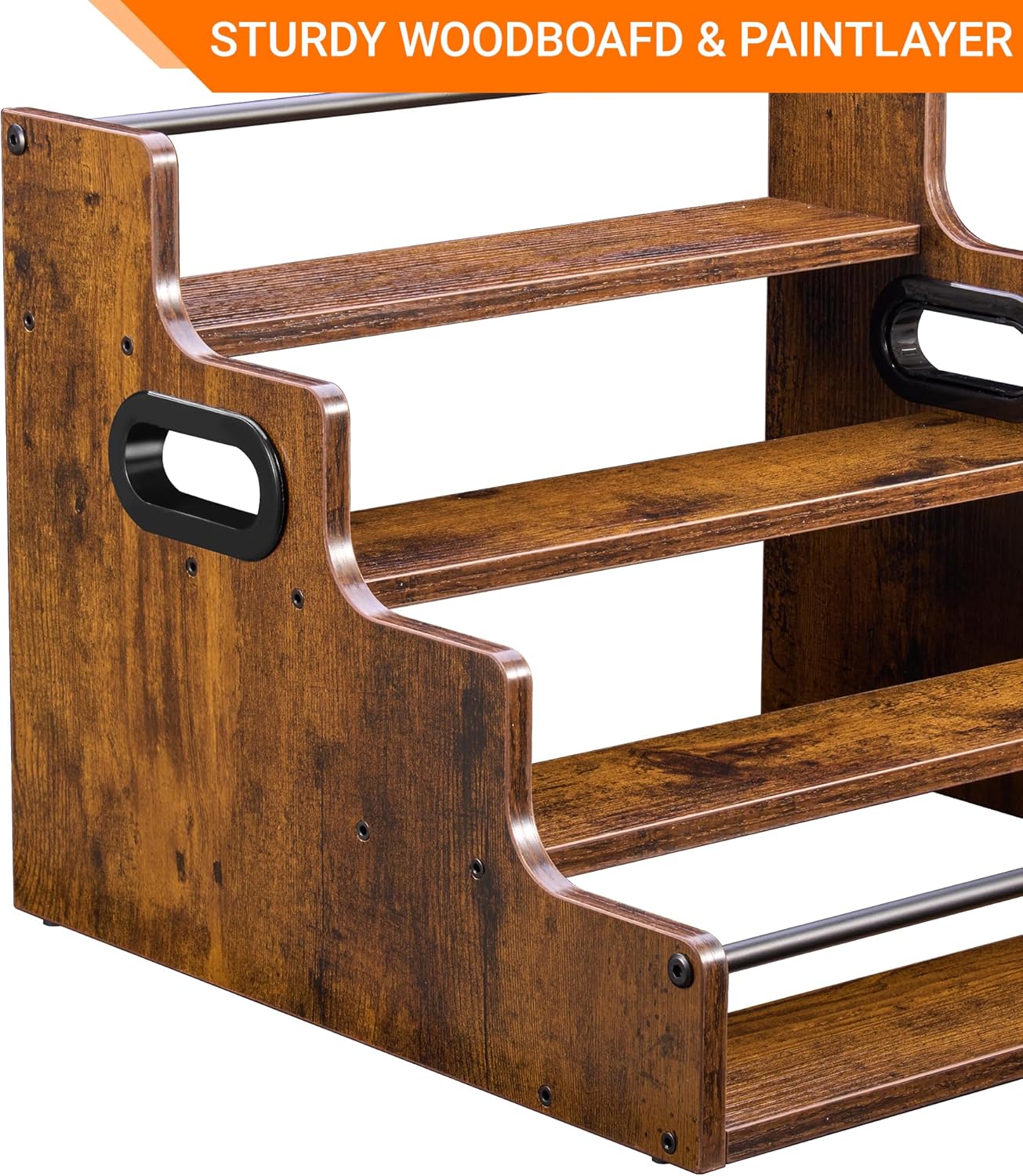 4-Tier Tiered Liquor Bottle Display Shelf - 16-Inch Rustic Wood Liquor Rack & Coffee Syrup Organizer - Heavy-Duty Countertop Spice Rack with Guardrails & Handles for Bar, Kitchen, Office