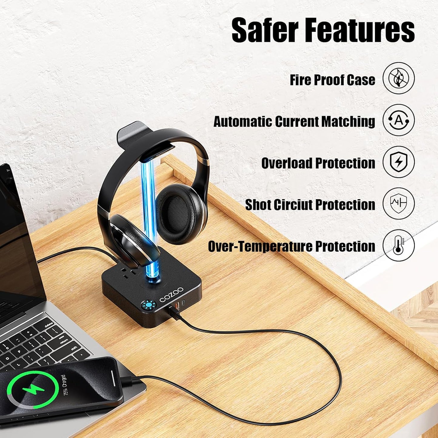 RGB Headphone Stand with USB Charger COZOO Desktop Gaming Headset Holder Hanger with 3 USB Charger and 2 Outlets - Great for Gaming, DJ, Wireless Earphone Display,Gamer PC Accessories Boyfriend Gifts