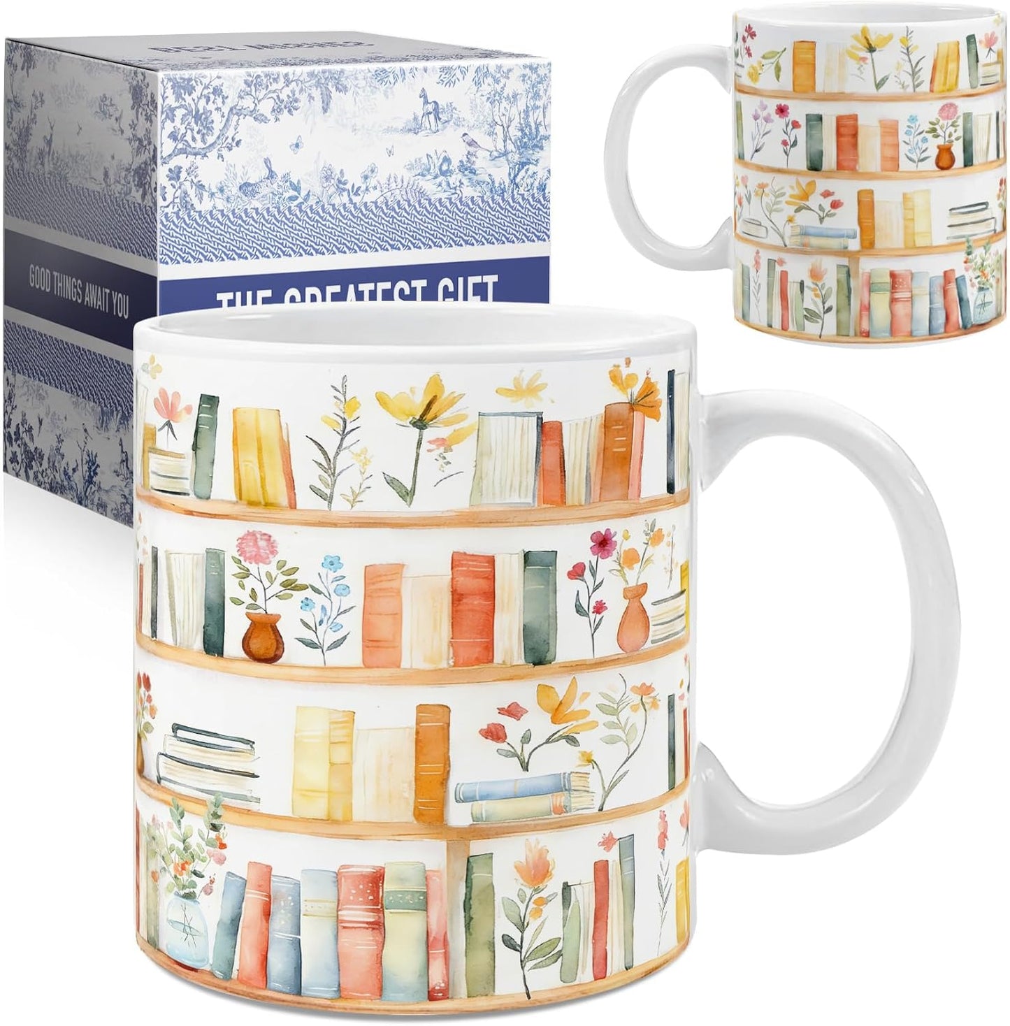Book Mug Gifts for Books Lovers, mug Gift for book Lover Women, Bookish mugs with Floral Bookshelf Design, reading Mugs gift for BookWorm Librarian Reader on Birthday, Reading Themed Coffee mug-18