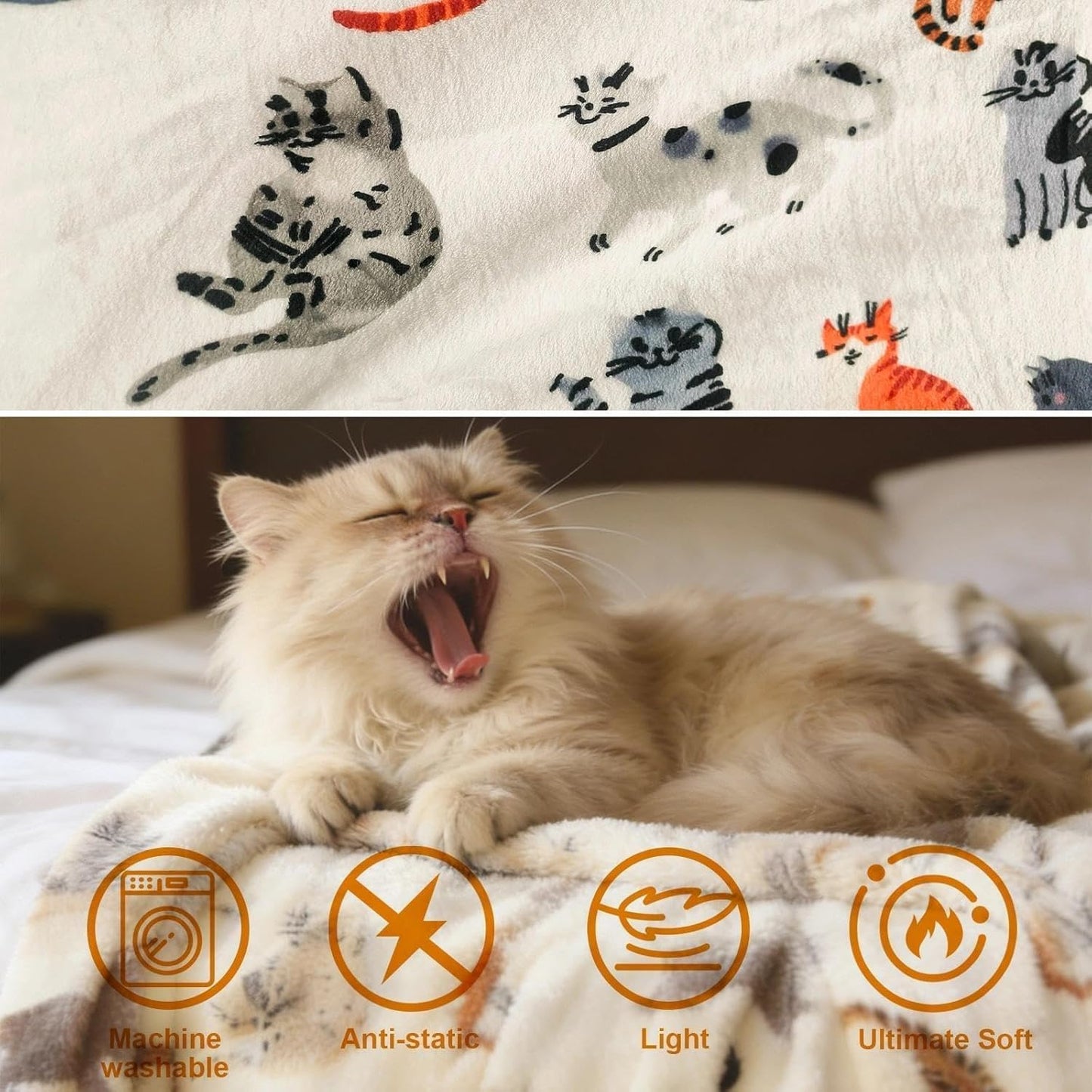 Cat Throw Blanket, 50"x60" Soft Cozy Flannel Throw with Cat Print for Pet Lovers Lightweight Pet Themed Blanket Gifts Full Seasons