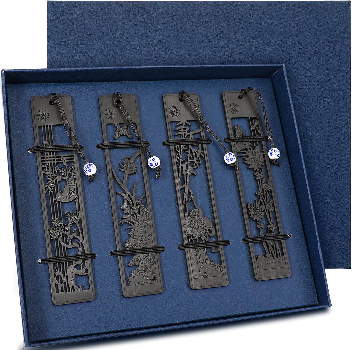 Outus 4 Pieces Wooden Bookmarks for Men Women Employee Appreciation Gifts Valentine's Day Gifts for Men Vintage Handmade Bookmarks Natural Wood Carving for Book Lovers Birthday(Hollow Style)