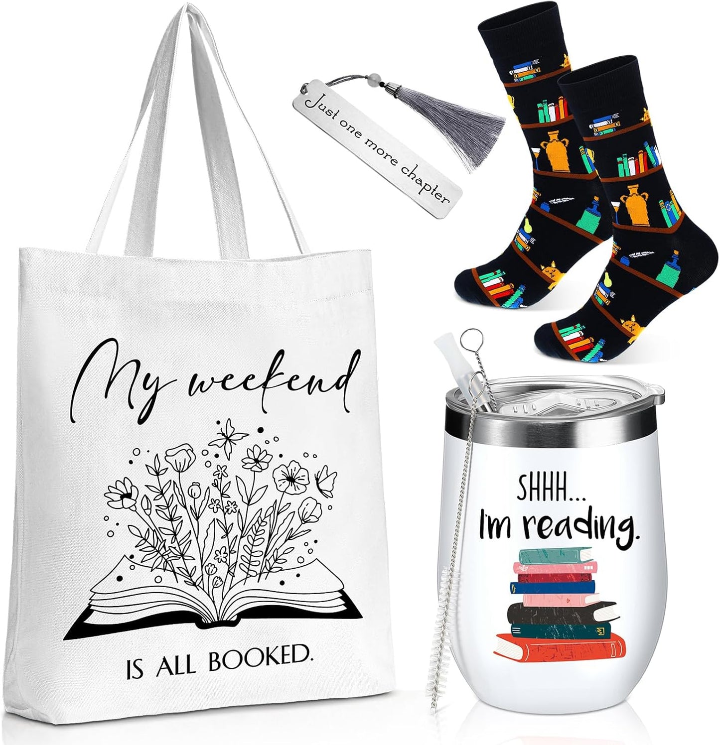 Sieral Sets of 4 Book Lovers Gift for Women Bookish Stainless Steel Tumbler Tote Bag Socks Books Bookmark Librarian Appreciation Gift for Book Bookworm Teacher Graduation(Reading)